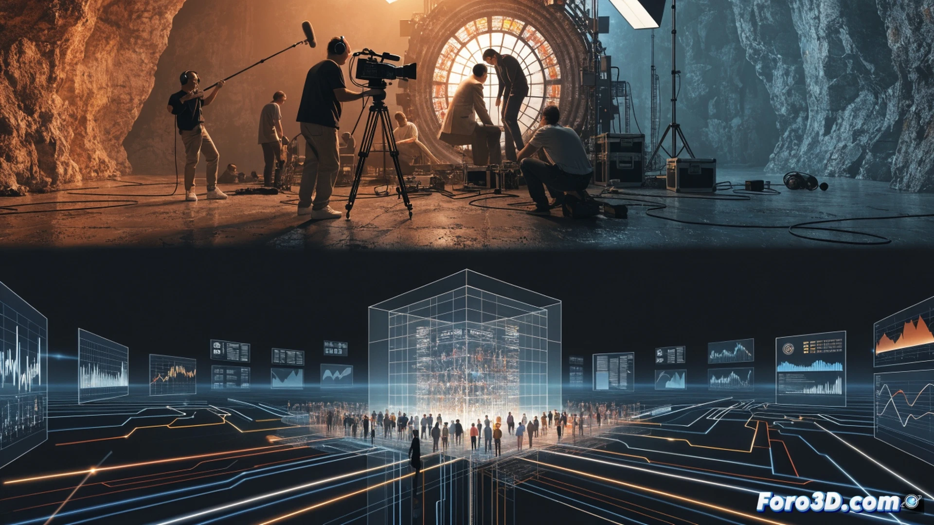 Photorealistic cinematic scene of a glowing digital screen displaying a streaming platform interface, a human hand pressing a large red resurrect button while a ghostly television set floats above, transparent data streams and engagement metrics flowing from the audience into the algorithm core, mechanical gears crushing a paintbrush and film reel beneath, dramatic blue and red lighting contrasting art versus data, ultra-detailed server racks in background, cold metallic surfaces, cinematic engineering visualization, dark moody atmosphere