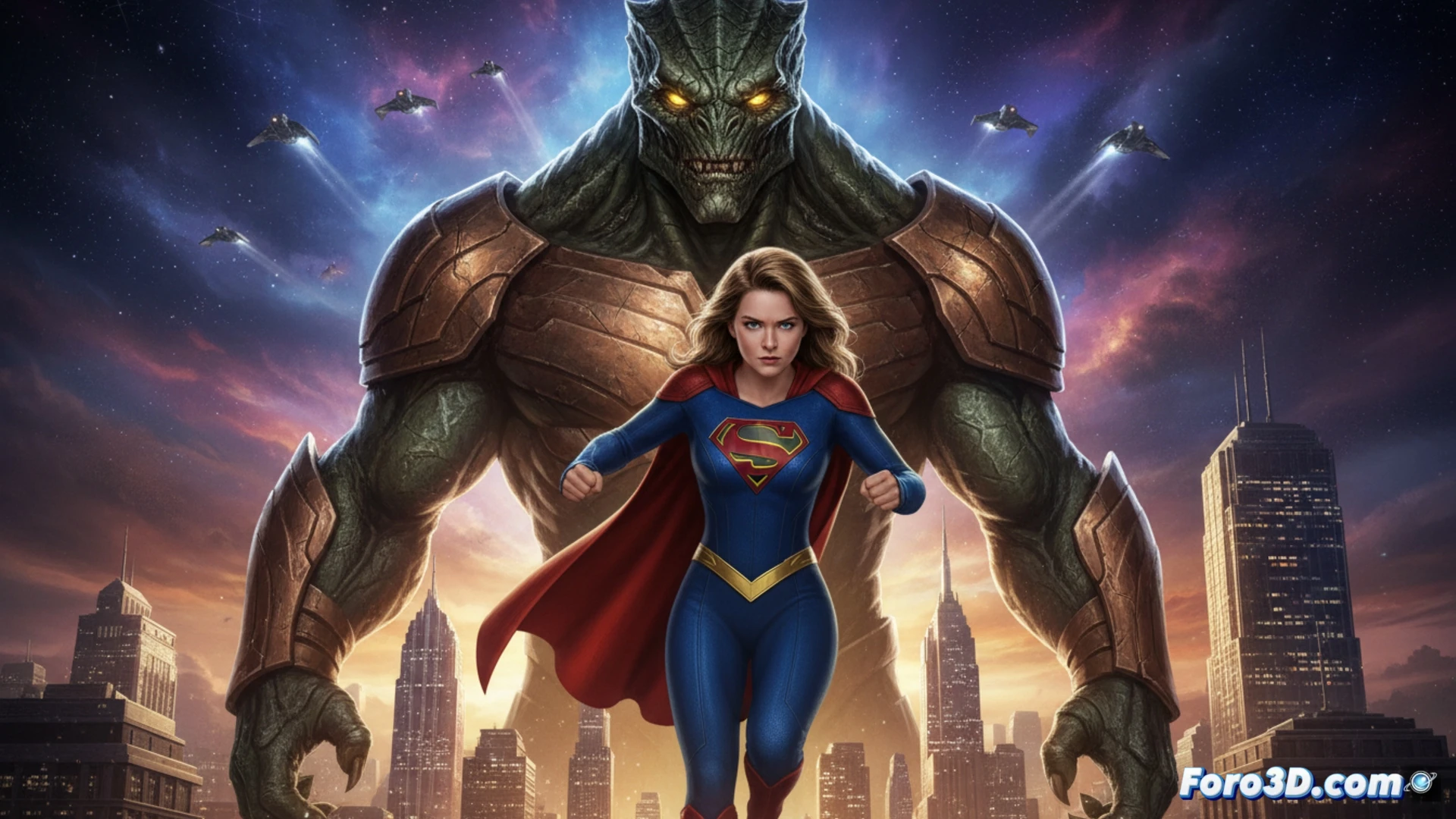 cinematic scene of a graphic designer working on a digital poster of Supergirl, a strange alien creature being digitally inserted into the background during the editing process, software interface visible with layers and brush tools, the alien has a distinct Star Wars-like silhouette, dramatic studio lighting on the monitor screen, photorealistic technical illustration, detailed skin textures and glowing eyes on the creature, designer hand holding a stylus over a drawing tablet, motion blur on the cursor, ultra-detailed digital workspace, realistic rendering of screen reflections