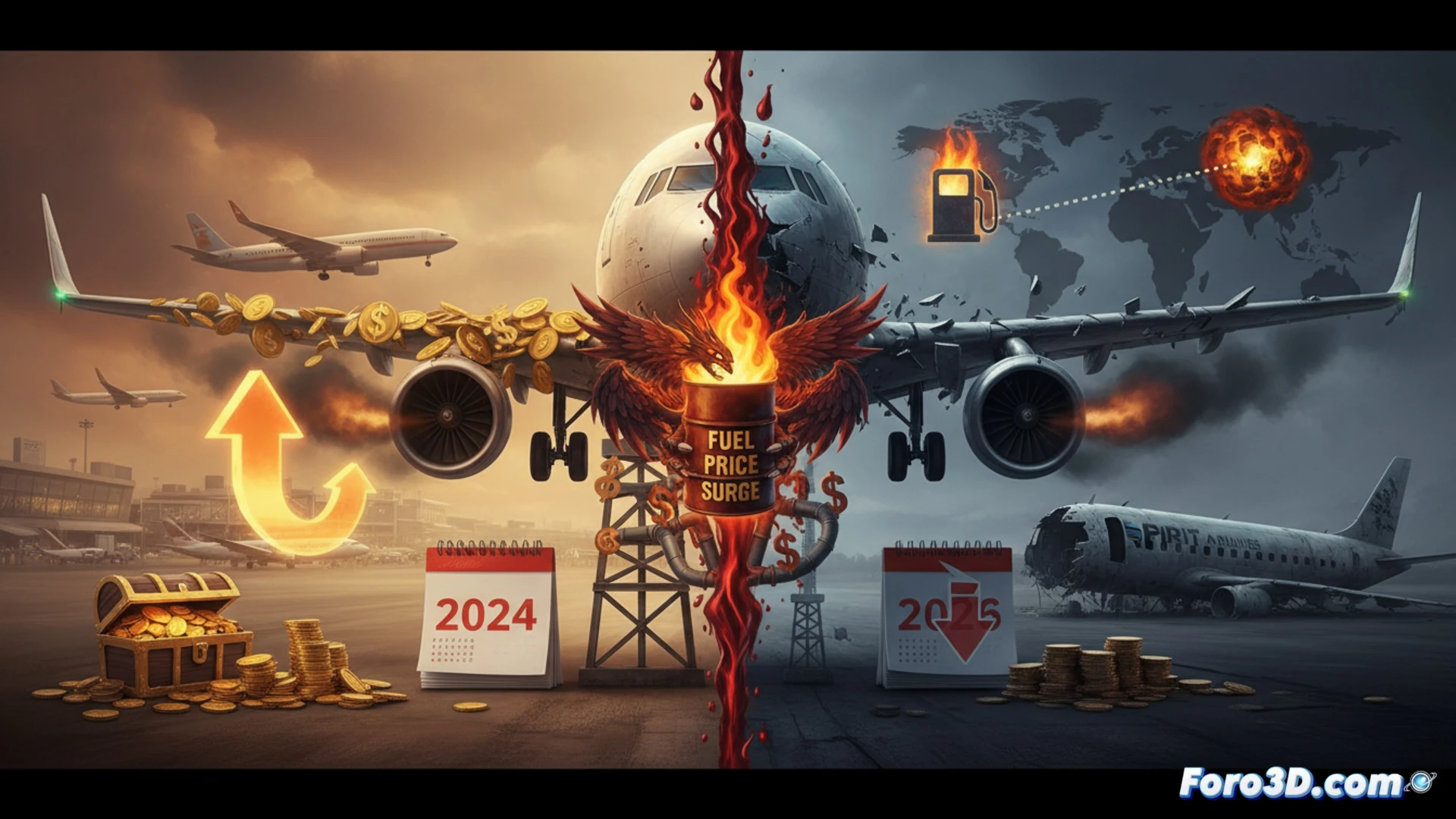 jet fuel price spike splitting airline profit graph in half, 2026 forecast chart cracking down the middle, Spirit Airlines bankruptcy document dissolving into fragments, low-cost aircraft models shrinking and fading into background, IATA warning report glowing red on a digital tablet, fuel nozzle dripping with oil next to a broken graph line, cinematic technical illustration, dramatic side lighting, photorealistic financial visualization, metallic and glass textures, data dashboard interface with warning alerts, high-contrast shadows, ultra-detailed economic crisis scene