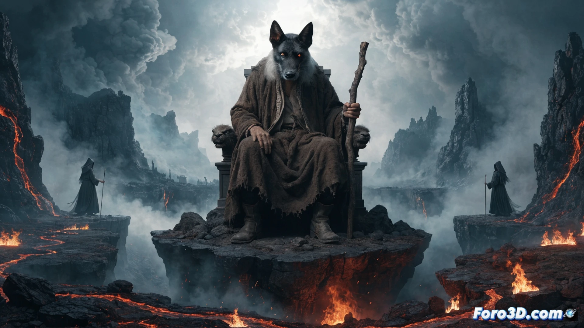 Ancient peasant man transforming into wolf-like figure in moonlit Livonian forest, descending into hellish underground cavern, battling shadowy witches with clawed hands, golden wheat grains floating upwards from demonic figures back toward surface, cinematic dark fantasy visualization, dramatic chiaroscuro lighting, baroque painting style, aged parchment texture, moss-covered stone altar in foreground, iron shackles on wrists, glowing red fissures in rocky ground, ethereal smoke trails, ultra-detailed fur texture, photorealistic historical horror aesthetic