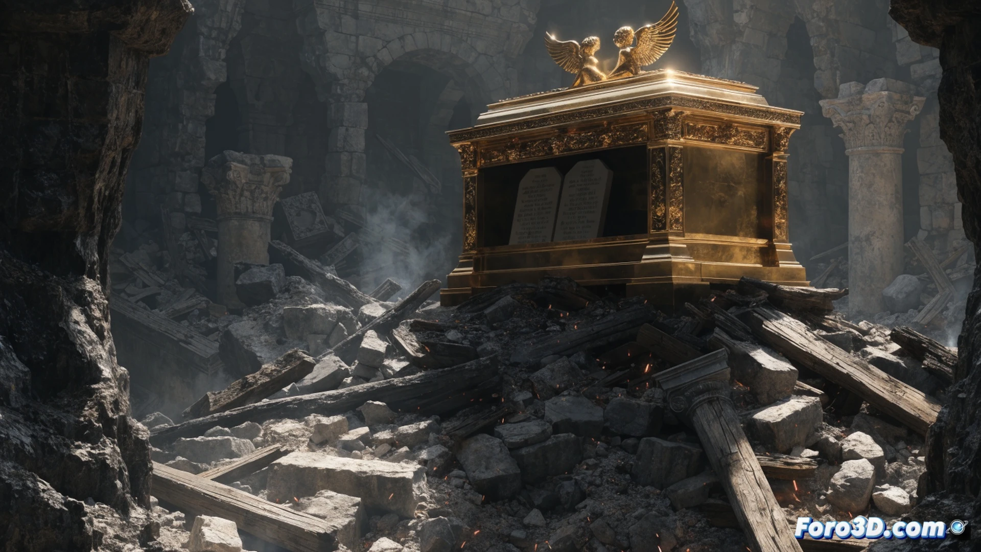 Ancient acacia wood chest being pulled from temple rubble during Babylonian sack of Jerusalem, gold plating partially peeling, two cherubim figures on lid catching torchlight, soldiers with bronze swords and shields in background, stone blocks collapsing, dust particles floating in dramatic shaft of light, cinematic historical visualization, weathered metallic surfaces with patina, cracked stonework, realistic fabric textures on priestly garments, dynamic action of destruction, smoke and fire glow from distant buildings, ultra-detailed archaeological render, photorealistic epic scene