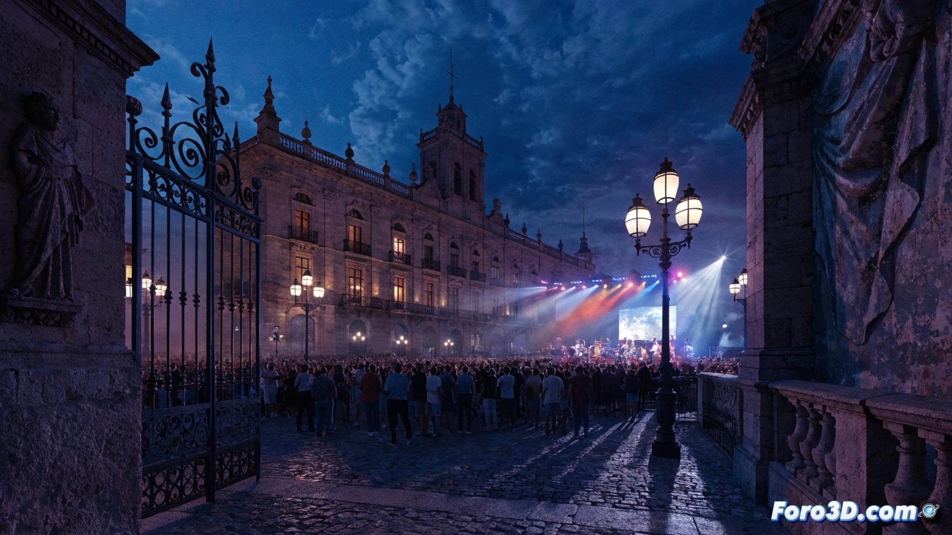 Plaza de la Concordia atardecer, escenario montado con altavoces y luces led, multitud de asistentes levantando brazos mientras cantan, guitarra acústica en manos del cantante sobre el escenario, cables de audio serpenteando por el suelo, consola de mezclas con técnico ajustando ecualizadores, pantalla gigante mostrando primer plano instrumental, photorealistic cinematic shot, cálida iluminación dorada del sol poniente mezclada con focos de escenario, profundidad de campo con arquitectura histórica al fondo, alta definición técnica, textura de adoquines y vestimenta casual del público
