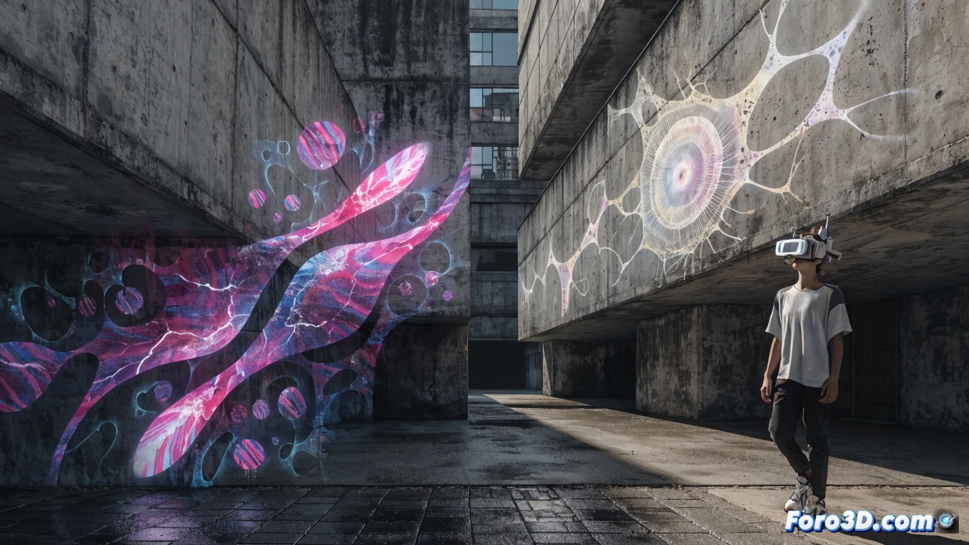 Photorealistic technical illustration of an augmented reality street art scene, a person wearing lightweight AR glasses stands before a concrete wall, a digital mural of swirling neon colors and abstract shapes appears on the rough surface while the wearer gestures with a handheld tablet showing code, the mural shifts and morphs in real-time, no paint or spray cans present, holographic brush strokes float in the air, glowing pixel grids overlay the bricks, cinematic lighting with deep shadows and bright cyan highlights, detailed glasses frame with micro-lens array visible, realistic urban texture, engineering visualization style