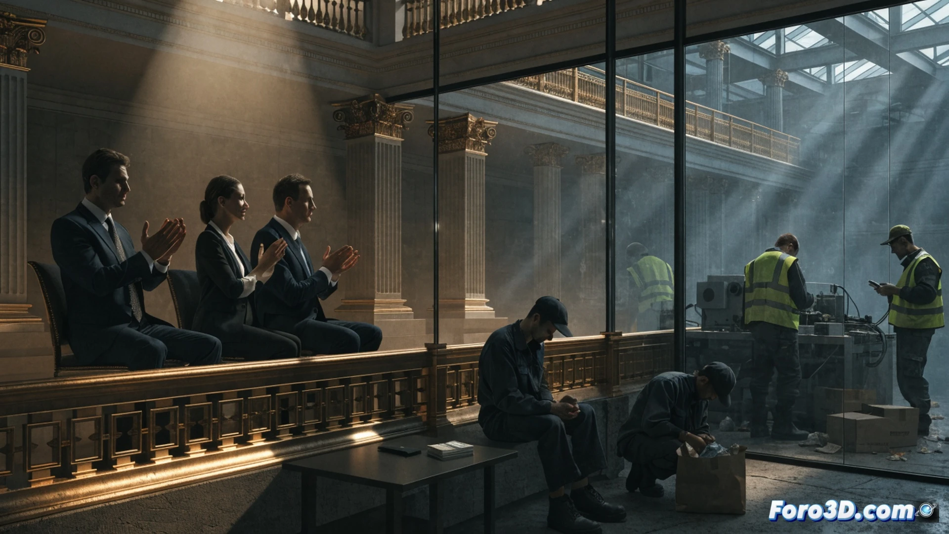 Cinematic scene of a politician applauding a theatrical stage play depicting a starving worker, while behind the stage a technician adjusts a broken minimum wage calculator machine, gears visibly jammed with fake euro coins, a cracked inspection clipboard lies on the floor, dramatic spotlight illuminating the contradiction, photorealistic industrial lighting, deep shadows, hyper-detailed mechanical components, satirical realism, technical illustration style