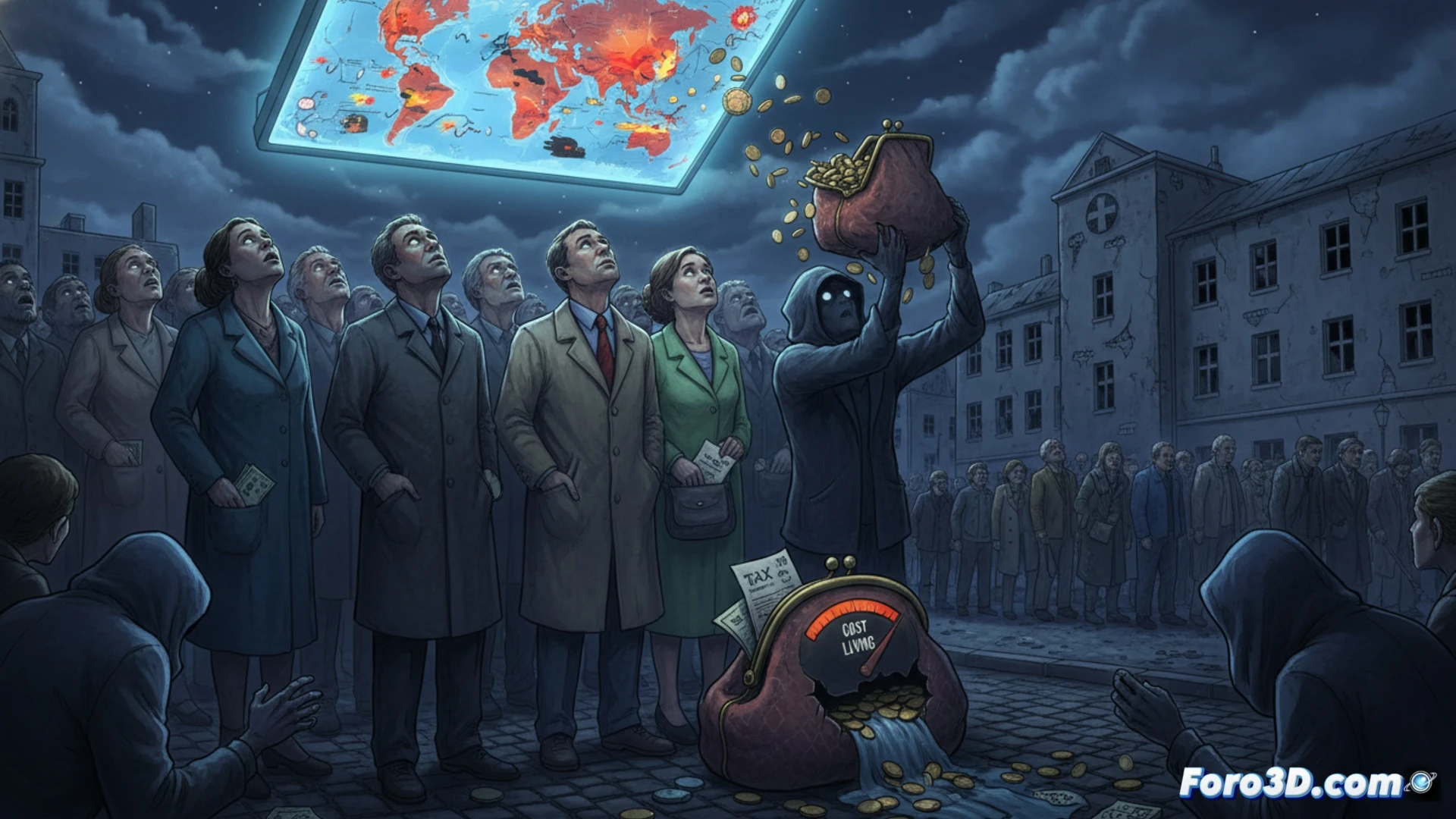 photorealistic scene of a person in a suit pointing dramatically at a distant holographic globe showing foreign economic charts, while behind them a transparent digital wallet is being drained by a robotic arm labeled tax collector, hospital beds and school desks fade into shadows in the background, shopping receipts pile up on the floor, cinematic lighting with a spotlight on the pointing hand leaving the wallet in darkness, ultra-detailed textures of metal and glass, dramatic contrast between bright distraction and dark neglect, engineering visualization style