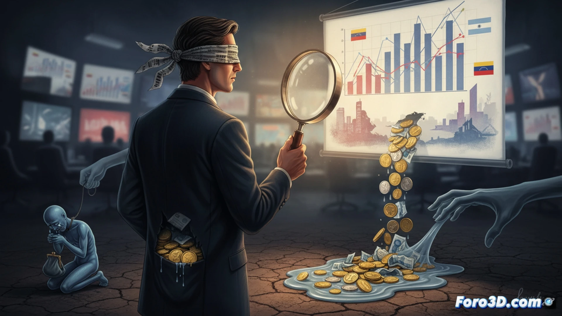 photorealistic scene of a person in casual clothes holding a smartphone, their gaze deliberately turned away from a transparent holographic screen floating beside them, the screen displaying a glowing red downward-trending graph labeled with a 15% drop over five years, while their other hand holds a shrinking wallet with coins falling out, a small magician’s hat with a rabbit peeking out sits on a table nearby, dramatic shadow lighting, cinematic composition, subtle motion blur on the falling coins, ultra-detailed textures on the wallet and phone, technical illustration style