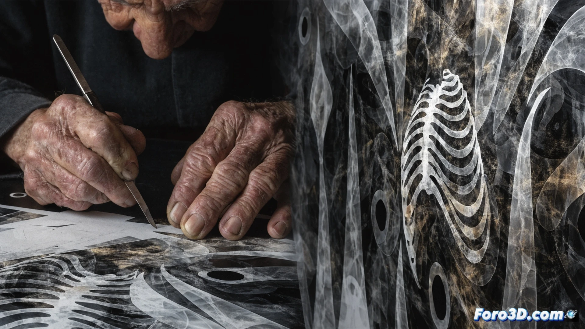 Elderly man with steady hands scraping a discarded X-ray film using a surgical scalpel, revealing intricate white scratch patterns forming a human face, magnifying glass over the workspace, scattered medical X-ray sheets on a wooden table, soft natural light from a window, dust particles floating, extreme close-up on scalpel tip during the scraping action, photorealistic technical illustration, weathered skin texture, deep shadows, monochrome palette with faint blue medical film tones, hyper-detailed scratches, cinematic composition, 8k render
