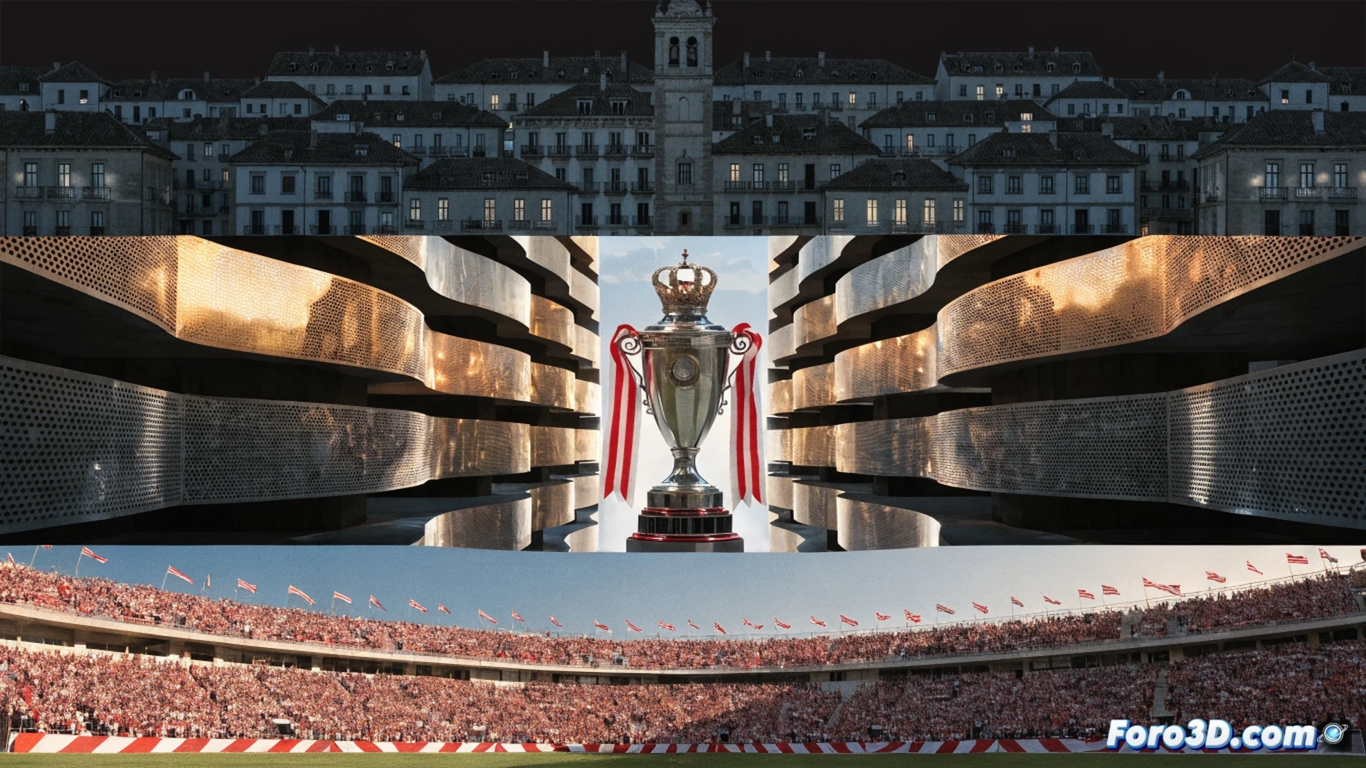 Estadio Nova Creu Alta lleno de aficionados celebrando, jugadores del Sabadell levantando un trofeo plateado en el centro del campo, césped verde vibrante bajo reflectores nocturnos, bengalas rojas y blancas iluminando las gradas, gráficos de radar de datos económicos y flujos turísticos superpuestos digitalmente sobre la multitud, mostrando el impacto urbano del ascenso, cinematic engineering visualization, cámara baja dramática, profundidad de campo, partículas de confeti dorado flotando, luces de estadio con destellos cálidos, render fotorrealista técnico.