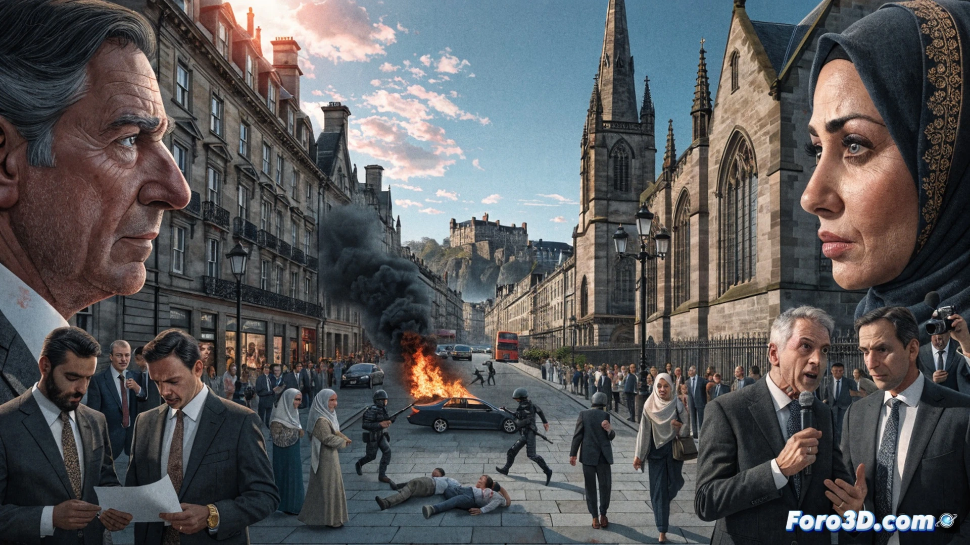 photorealistic cinematic scene of a smashed mosque window in Edinburgh, shattered glass fragments suspended mid-air, a hooded figure holding a broken bottle shard during the act, background shows a politician’s face blurred on a TV screen behind the window, microphone and news camera equipment visible reflecting the glass, cold blue city street lighting, rain-slicked cobblestones, discarded anti-migrant flyer on wet ground with torn edges, dramatic shadow contrast, ultra-detailed urban textures, motion freeze of violent action, technical illustration style