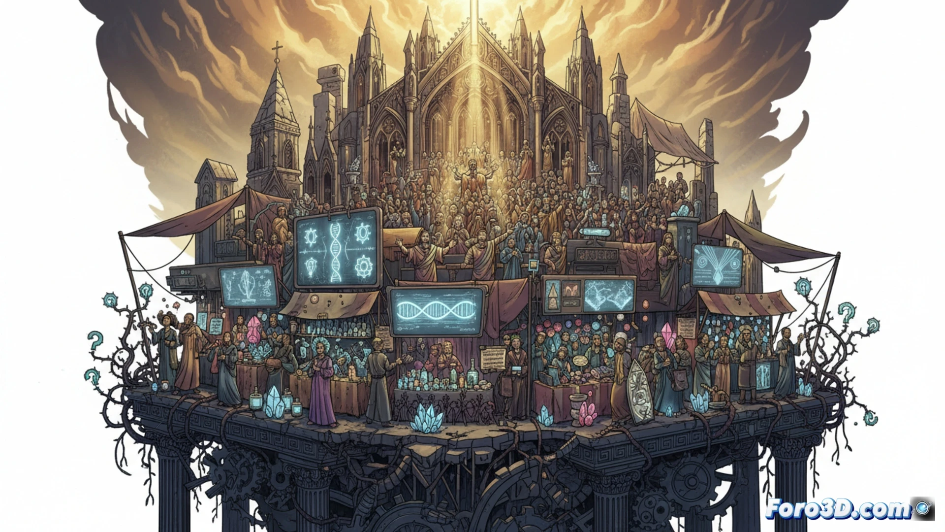 crowded marketplace of spiritual stands, a person in distress buying a glowing crystal from a pseudoscientific vendor while a broken rationalist statue lies shattered on the ground, neon cross and cosmic chakra symbols flickering above, cash exchanging hands under a dim streetlamp, abandoned books of enlightenment scattered in mud, photorealistic cinematic scene, dramatic chiaroscuro lighting, cluttered background with tarot cards and essential oil bottles, expressions of desperation and false hope, ultra-detailed textures, high contrast shadows