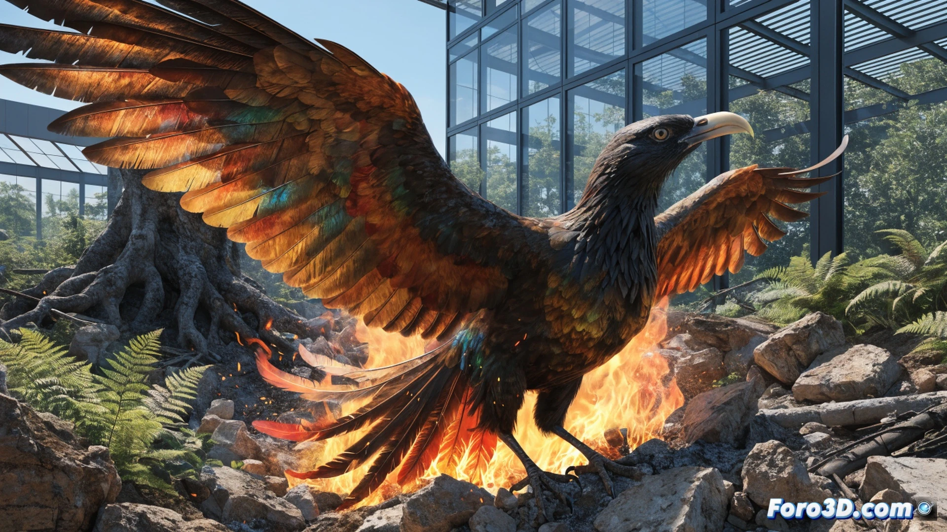 modern zoo aviary reconstruction scene, workers installing fire-resistant steel mesh over 360 square meters of new enclosures, sunlight streaming through reinforced polycarbonate roofing panels, a phoenix-shaped mural being painted on the main entrance wall, families with children watching through safety glass as parrots perch on fresh wooden branches, clean concrete pathways with embedded fire sprinkler nozzles, construction tools and blueprints on a nearby table, cinematic architectural visualization, warm golden hour lighting, photorealistic technical illustration, sharp focus on new safety systems and renovated structures, vibrant tropical bird colors contrasting with modern materials