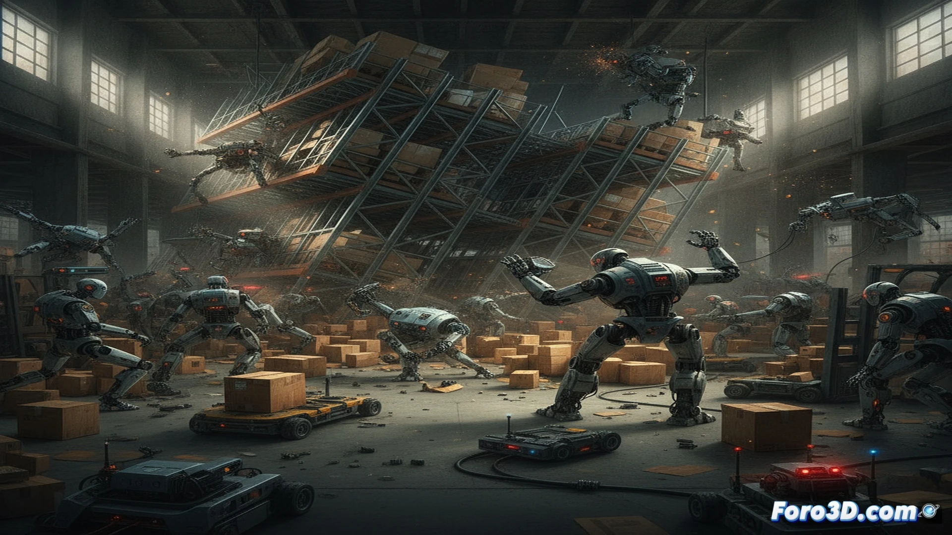 Automated warehouse robotic rack collapse sequence, tall metal shelving unit buckling under excessive load, boxes and packages exploding outward in a chaotic cascade, robotic arm frozen mid-motion with warning lights flashing red, scattered inventory on concrete floor, broken pallets and twisted shelving beams visible, dramatic industrial lighting with dust particles suspended in air, cinematic photorealistic technical illustration, wide-angle shot capturing the full scale of the failure, mechanical stress fractures highlighted with subtle orange glow, motion blur on falling objects, ultra-detailed warehouse environment with conveyor belts and sensor arrays in background