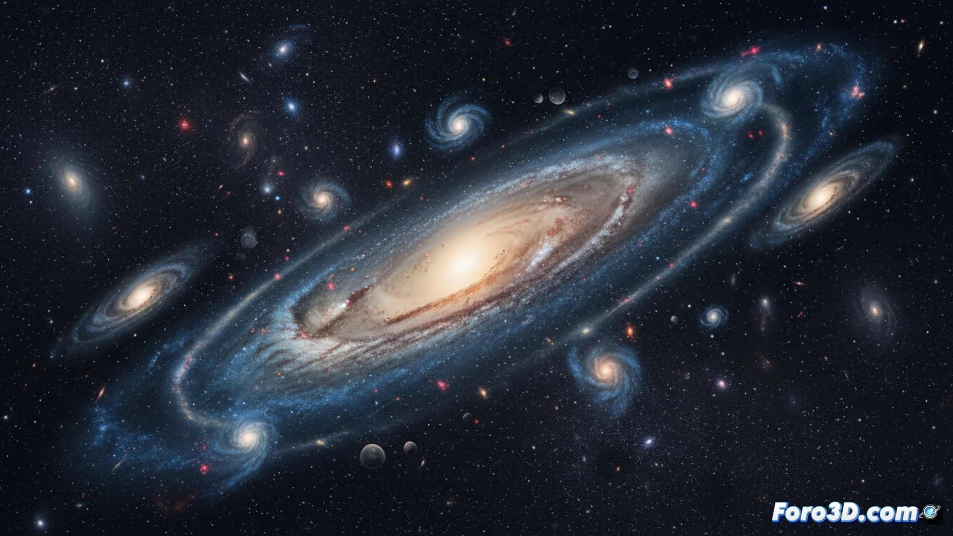 two spiral galaxies merging in synchronized rotation, same orbital plane and direction, gravitational tidal streams flowing smoothly between them, bright galactic cores glowing in harmony, dark matter halo visualized as translucent blue web stabilizing the structure, cinematic space visualization, deep cosmic background with scattered stars, dramatic edge lighting on swirling dust lanes, photorealistic astrophysical render, ultra-detailed gas filaments and stellar streams