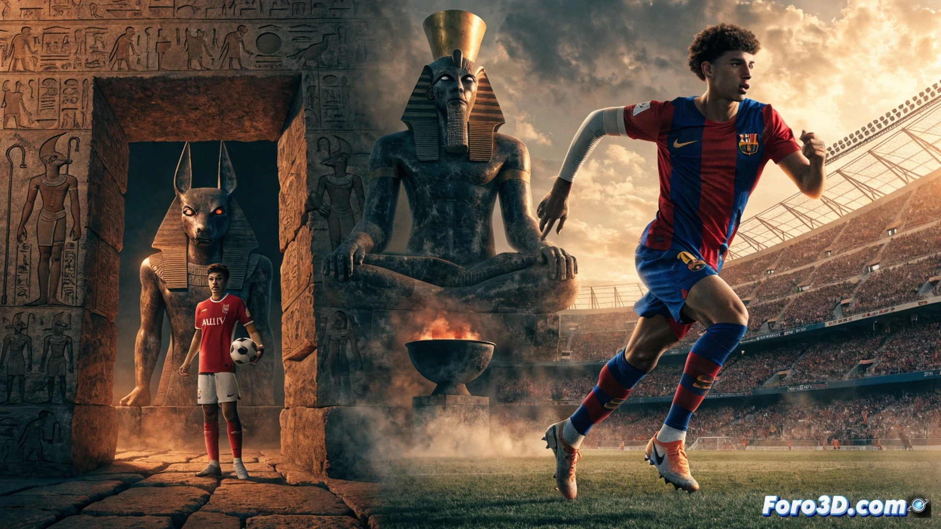 young Egyptian footballer in motion striking a ball with right foot during a match, dynamic action pose with jersey number visible but no text, stadium floodlights casting dramatic shadows, grass turf with motion blur, defensive opponent approaching from the side, cinematic sports photography style, photorealistic render, Canon 70-200mm f2.8 lens effect, shallow depth of field, golden hour lighting mixed with cool blue stadium lights, sweat droplets frozen in mid-air, muscular leg tension visible, Nike Mercurial boots detail, dramatic sky with clouds, ultra-detailed facial expression showing concentration, 8K resolution, sports editorial aesthetic