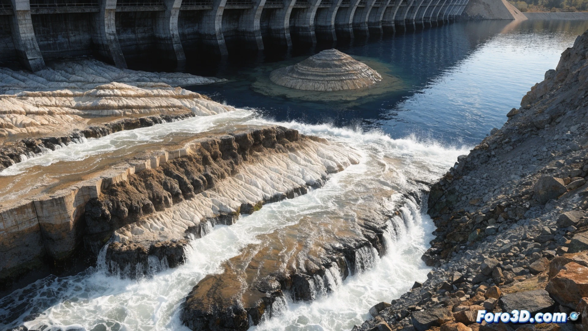 cinematic photorealistic engineering visualization of a large Spanish reservoir in Fraga Huesca, heavy excavator machinery digging thick brown sediment layer from dry cracked embankment bottom, workers in safety vests measuring sediment depth with surveying rods, a raised concrete dike under construction showing layered reinforcement bars, water level line visibly lowered exposing accumulated mud, sediment particles suspended in remaining water, dramatic overcast sky, industrial floodlights illuminating the scene, ultra-detailed earth textures, muddy tire tracks on construction site, technical documentation tablet showing sediment volume data, realistic environmental impact documentary style