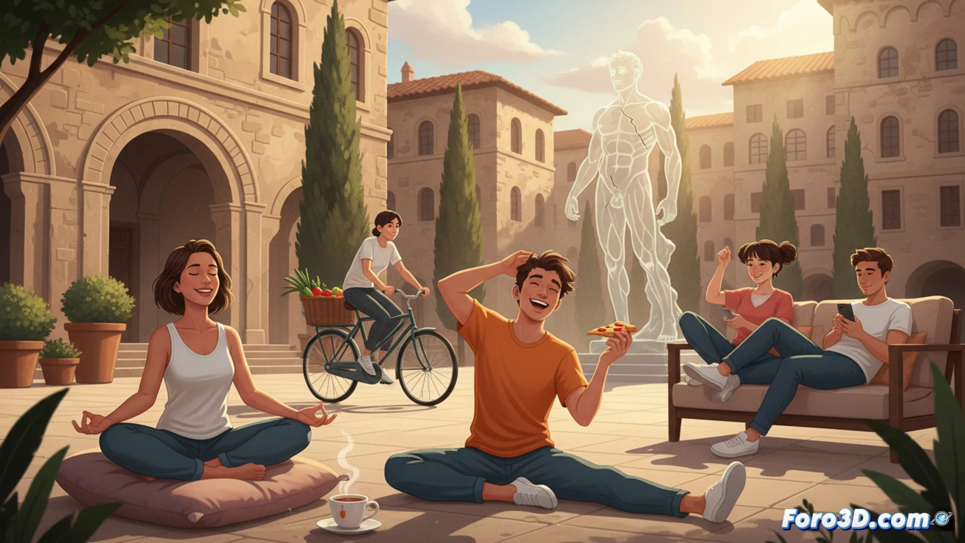 Italian living room scene with a young woman sitting cross-legged on a yoga mat, eyes closed and smiling, laptop open showing a meditation app interface with heartbeat graph, smartphone on floor displaying a mood tracker dashboard, soft morning light through window, minimalist decor with plants, photorealistic technical illustration, calm atmosphere, subtle motion blur on phone screen glow, natural skin textures, warm earthy tones, cinematic lighting with soft shadows, ultra-detailed fabric folds and wood grain, demonstrating emotional wellness over physical perfection