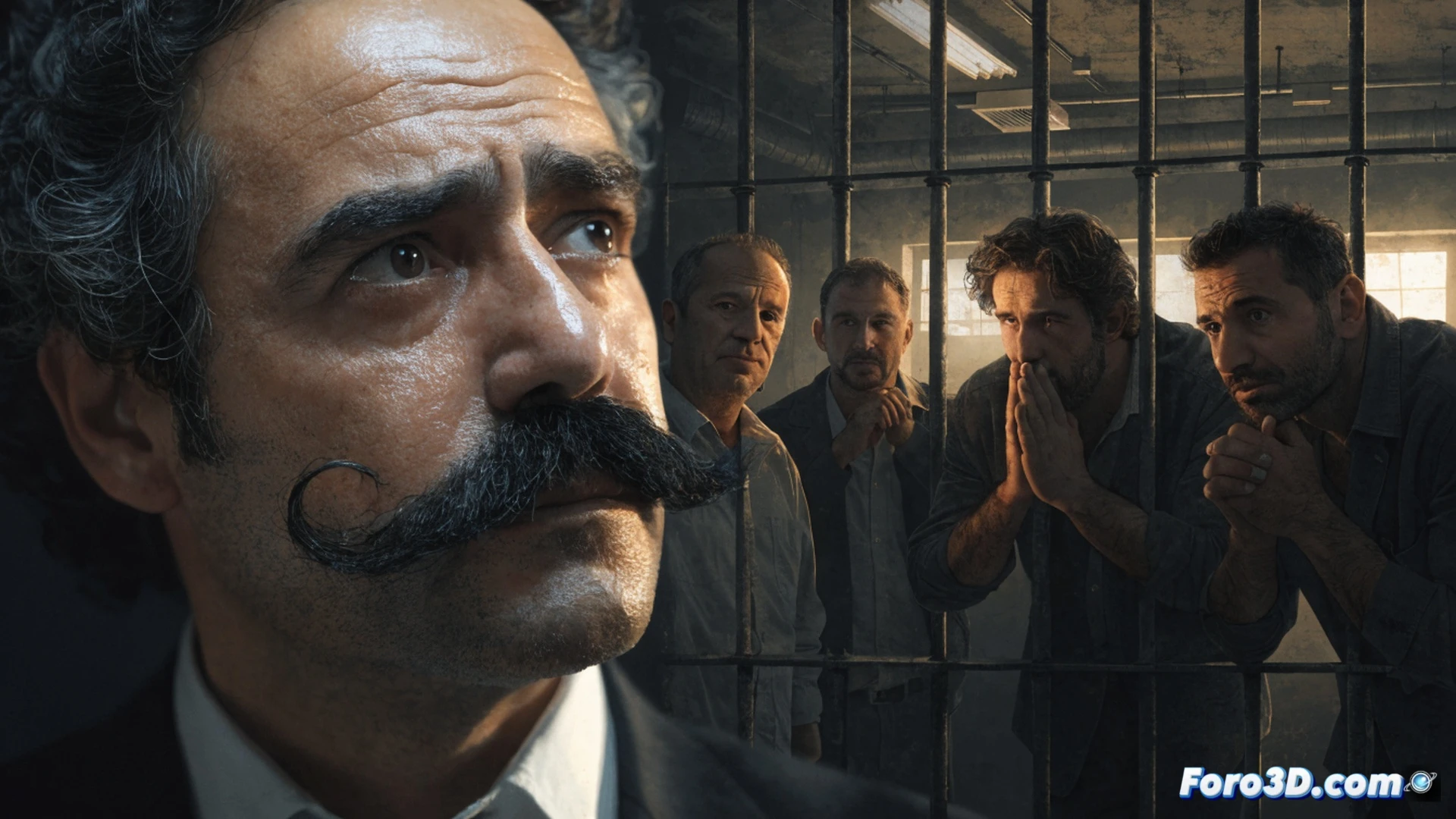 two men in orange prison uniforms inside a stark interrogation room, one handcuffed to a metal table while pointing at a digital evidence screen showing stacked documents and red warning icons, the other man nodding while holding a pen over a confession paper, surveillance cameras mounted on ceiling corners, cold fluorescent lighting, grey concrete walls, photorealistic technical illustration, high-contrast shadows, forensic-style composition, realistic legal procedural scene