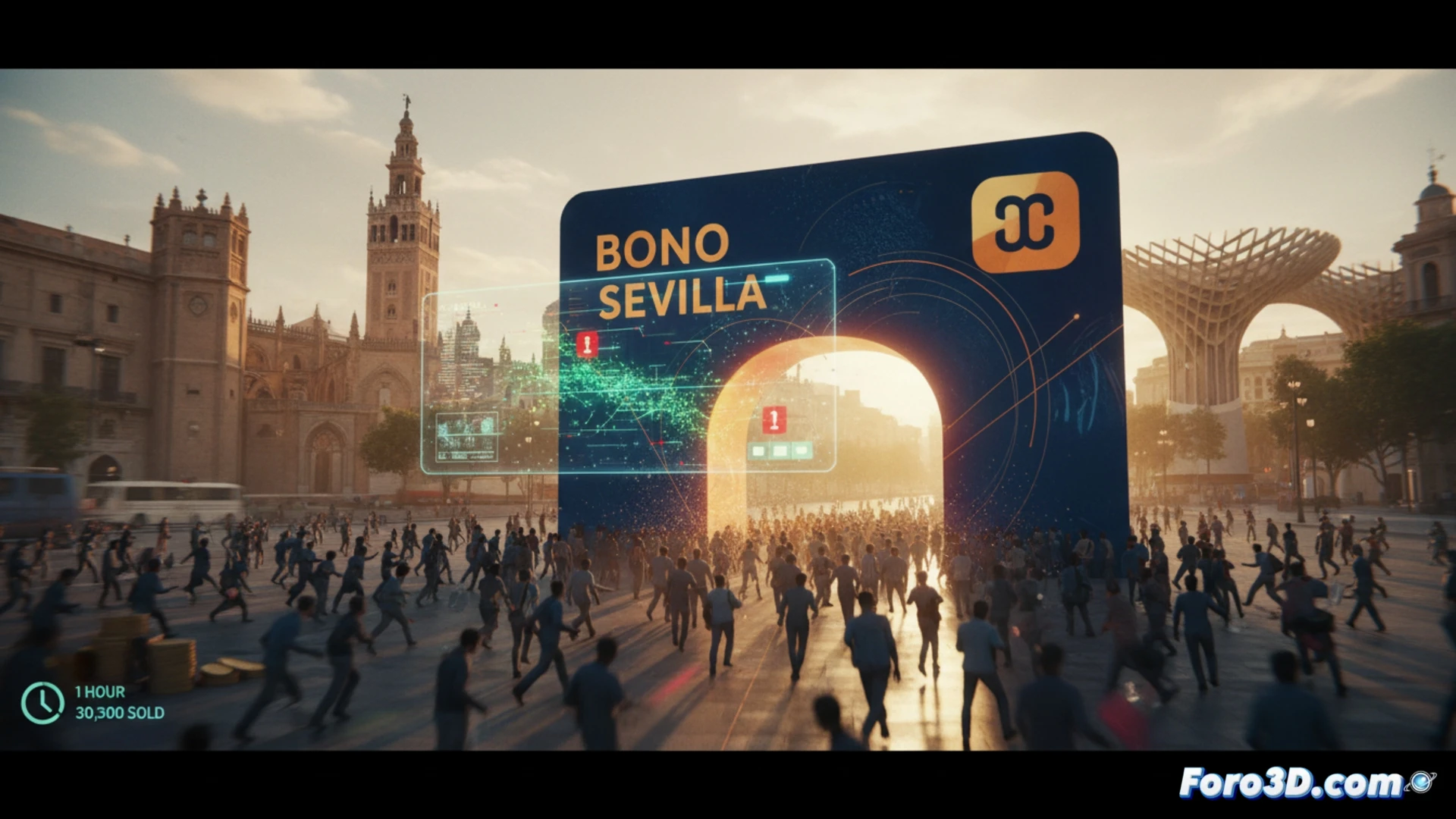 digital city service platform interface showing a massive queue of 30,300 glowing ticket icons flowing into a central Sevilla bono symbol, a single red error alert icon flashing on a server rack in the background while a technician rapidly taps a keyboard to restore the system, photorealistic technical visualization, cinematic lighting with blue and orange contrast, holographic data streams showing real-time purchase counts increasing, metallic server components with cooling fans spinning fast, urban skyline silhouette visible through a glass wall, hyperdetailed electronic circuits and fiber optic cables, dramatic atmosphere of urgent high-demand transaction processing