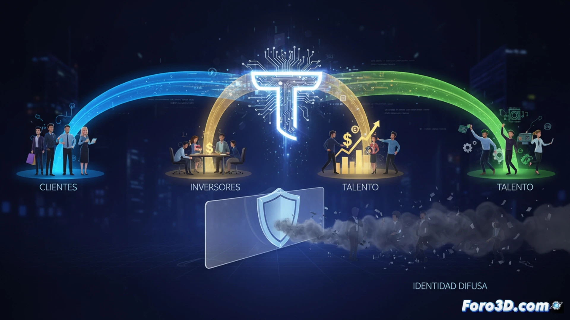 isometric view of a glowing neon magnet at center, pulling three distinct streams: one stream of diverse silhouetted users holding smartphones toward a luminous app interface, another stream of gold coins and dollar signs flowing from a sleek venture capital office, a third stream of floating resumes with glowing brain icons drifting from a modern tech campus, all converging into the magnet, dark gradient background with circuit board patterns, cinematic volumetric lighting, photorealistic 3D render, ultra-detailed metallic textures, blue and gold color palette, particle effects showing attraction force lines
