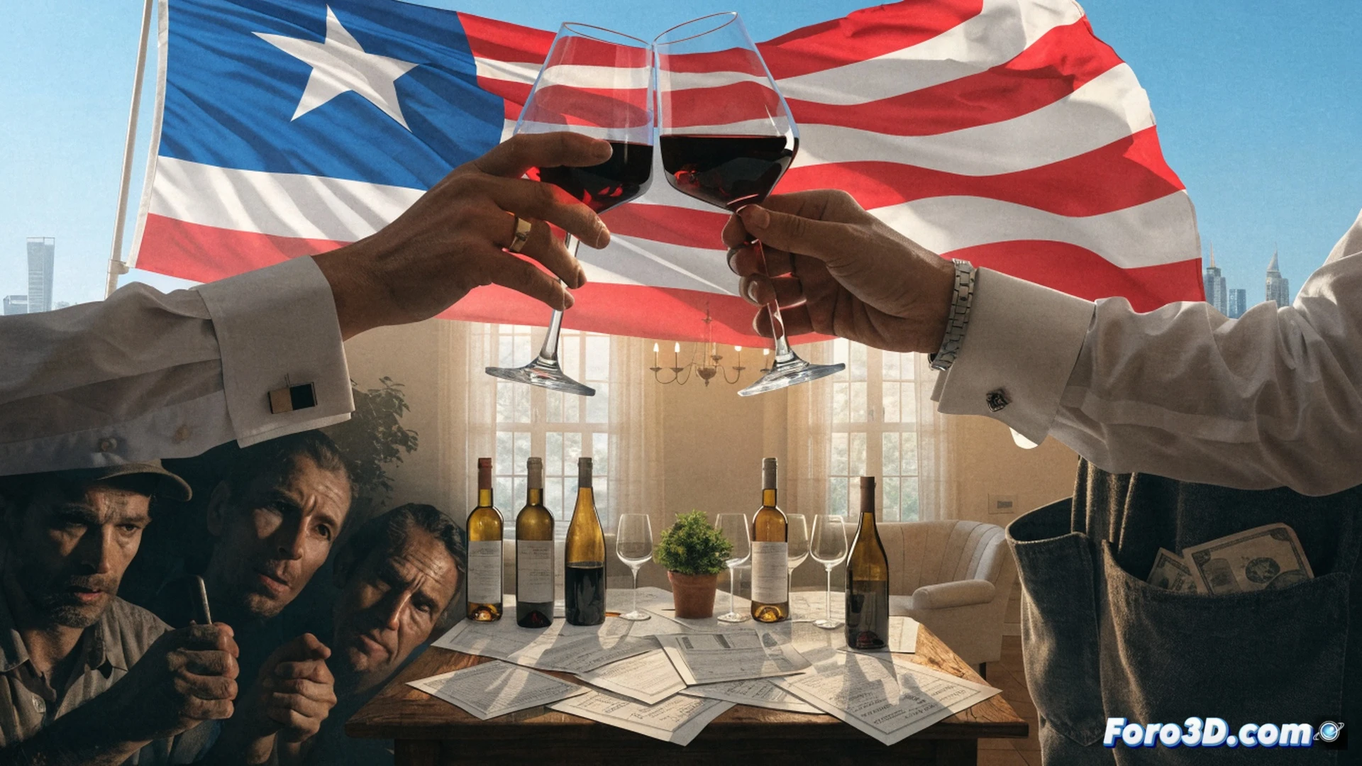 bodega abandonada con barricas oxidadas y uvas podridas en el suelo, un trabajador agrícola encorvado revisa una factura arrugada manchada de vino tinto, al fondo una mesa de madera rota con copas vacías y un portátil antiguo mostrando un gráfico de deuda en rojo, luz tenue de un fluorescente parpadeante, polvo en suspensión, estilo fotorealista cinematográfico, texturas de moho y óxido, encuadre con gran angular y profundidad de campo, atmósfera opresiva de fracaso económico