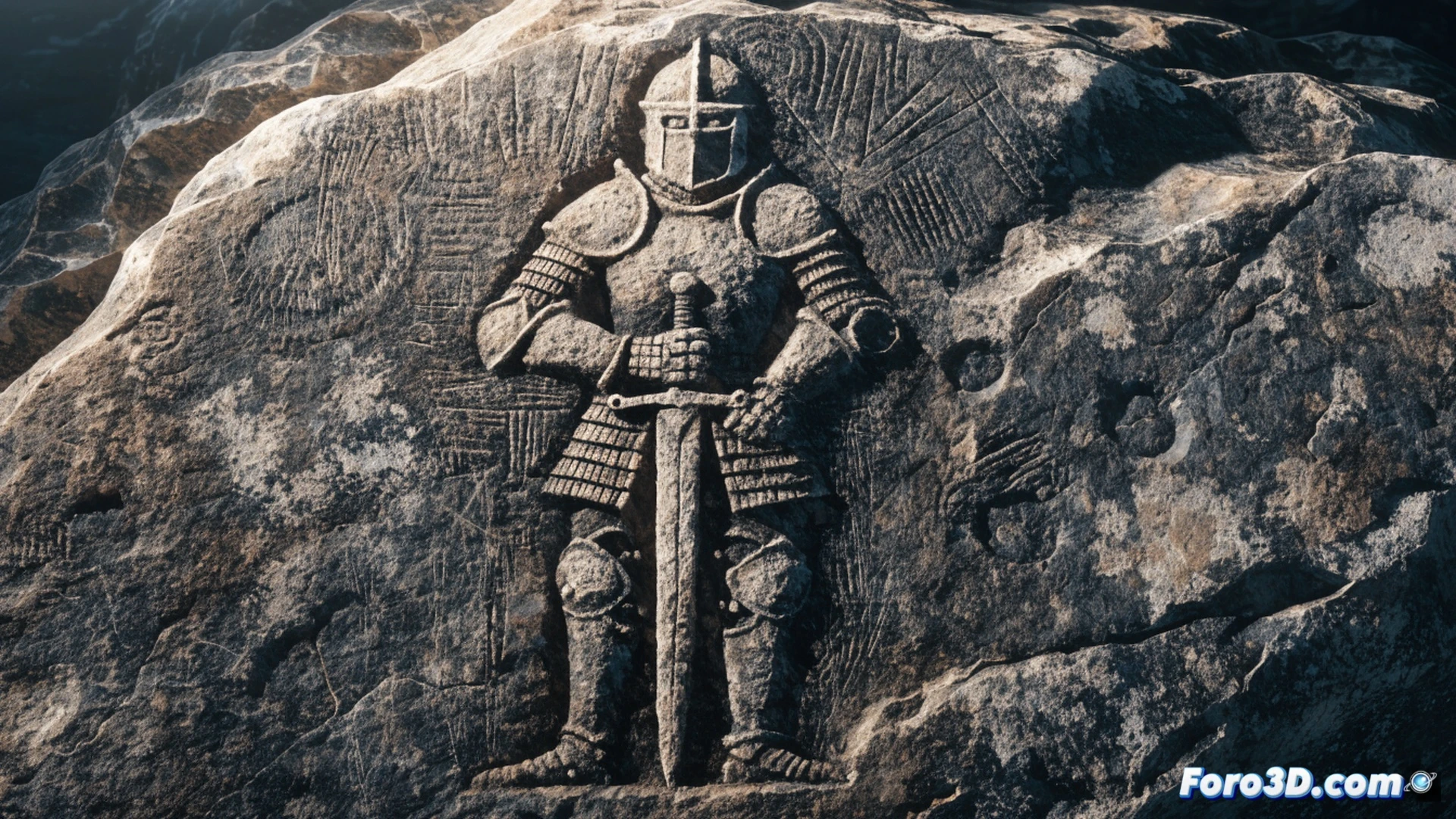 Close-up photorealistic technical illustration of a medieval knight figure carved into a rough grey granite boulder in a forest clearing, morning light casting long shadows across the stone surface, a gloved hand of an archaeologist holding a magnifying glass over the engraved armor details and sword hilt, chisel marks visible on the rock face, scattered moss and lichen around the carving, cinematic lighting emphasizing the contrast between the weathered rock and the crisp engraved lines, hyper-detailed stone texture, dramatic woodland atmosphere, historical mystery visualization