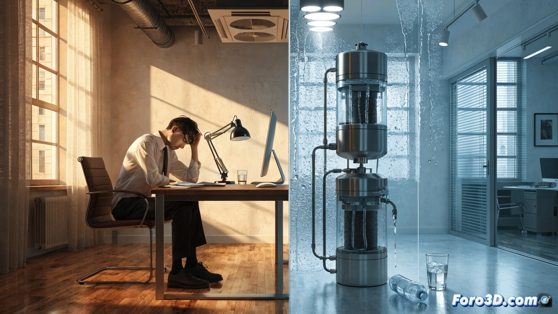 office hydration crisis scene, a desk worker visibly dehydrated, touching dry lips while staring at a laptop screen showing a concentration graph dropping, a half-empty glass of water with a built-in filtration indicator blinking red, air conditioning vent blowing warm air, sweat droplets on forehead, wilted desk plant in background, photorealistic cinematic lighting, warm amber tones contrasting with cool blue screen glow, dust particles suspended in dry air, ultra-detailed skin texture and office equipment, shallow depth of field focusing on the water glass and worker’s expression, technical health visualization style