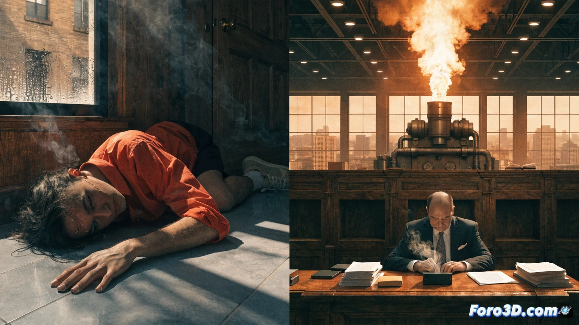 urban heat island scene during extreme heatwave, asphalt road cracking from high temperature, a single sweating hand holding a glass of water while behind it a massive industrial smokestack releases thick black smoke into the orange sky, broken thermometer showing 45 degrees on the ground, technical illustration style, photorealistic environmental documentation, cinematic wide-angle lens, dramatic backlighting from the sun behind the smoke, heat haze distortion visible over the road surface, detailed industrial infrastructure in background, contrasting human scale versus industrial scale, realistic thermal radiation glow, high contrast shadows, ultra-detailed textures of cracked asphalt and metal structures