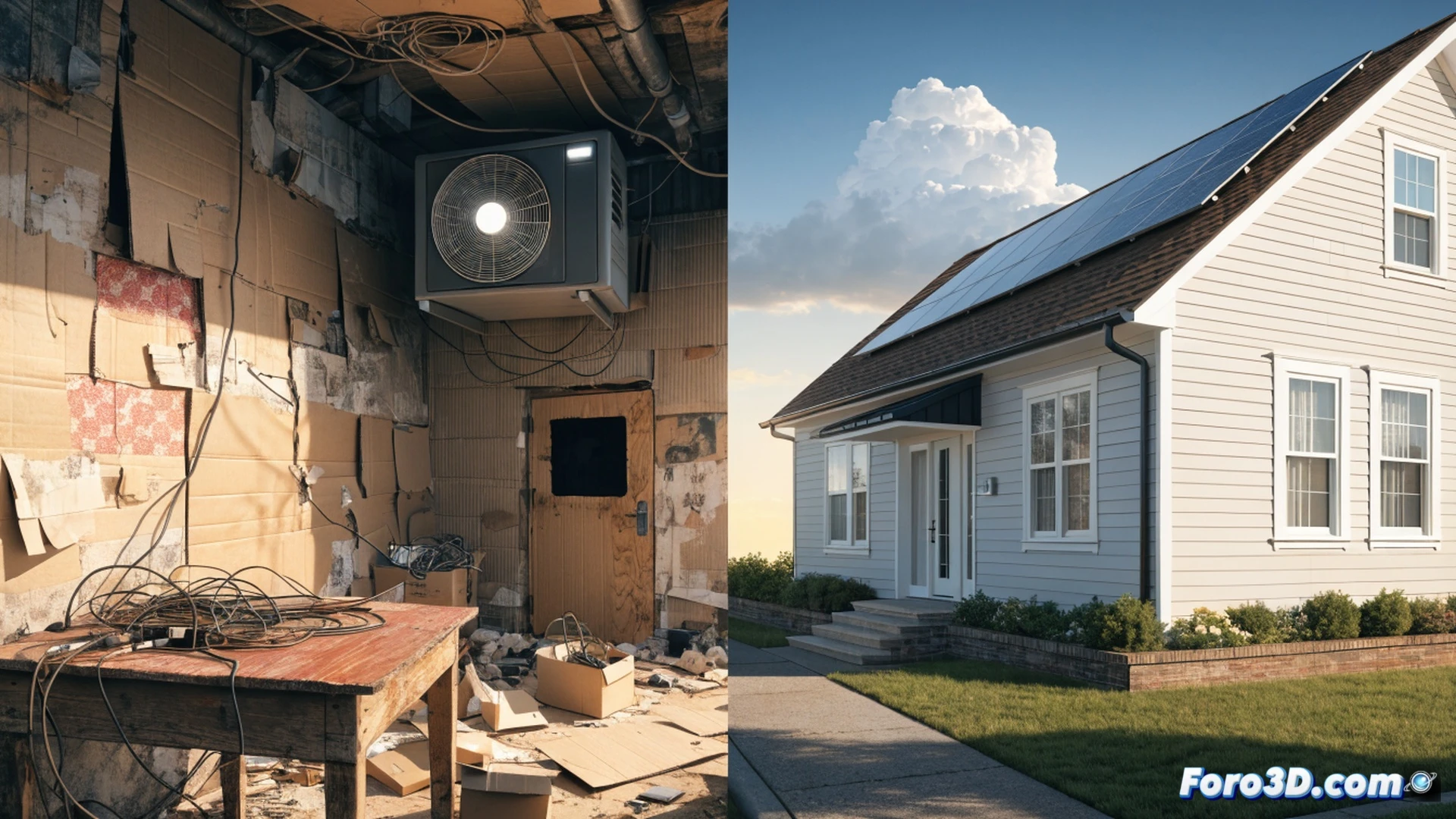 Photorealistic architectural cutaway of a residential building during a heatwave, showing indoor thermometer at 40°C while cooling energy bills pile up on a table, exterior walls visibly lacking insulation layers, construction workers installing cheap glass windows without thermal breaks, an HVAC technician struggling to install an oversized air conditioner unit on a thin wall, sunlight piercing through uninsulated roof and walls like a greenhouse, infrared heat mapping overlay glowing red on the facade, blueprints nearby showing missing insulation specs, cinematic dramatic lighting with harsh shadows, ultra-detailed materials and textures, engineering visualization style