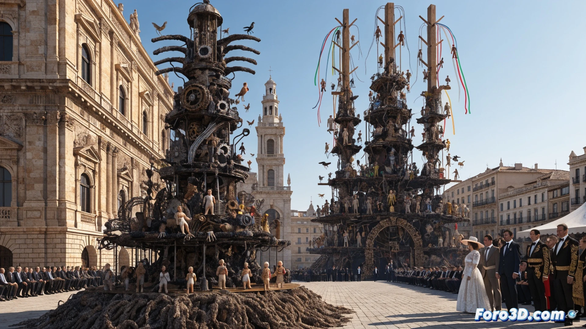 Cinematic wide shot of Alicante’s plaza at dusk, ornate floral floats arranged for the Ofrenda, heat haze distorting distant palm trees and baroque buildings, a digital thermometer on a municipal pillar displaying 38°C, white-clad dancers fanning themselves and pausing mid-step, water misters spraying over the cobblestones, a festival organizer holding a tablet with a rescheduled timetable, shadows long from low golden sun, photorealistic technical illustration, warm amber and dusty orange color palette, slight lens flare, ultra-detailed fabric textures and stonework