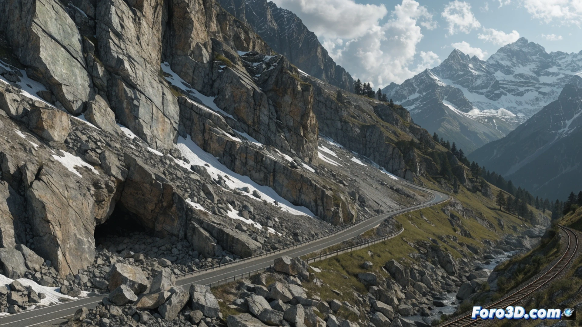 mountain rockfall risk visualization, fractured limestone cliff face in the Pyrenees showing frost wedging process, ice crystals expanding inside rock cracks during freeze-thaw cycle, road and railway line at base of steep slope, rocks tumbling down while a digital hazard map overlay appears as translucent projection on the terrain, engineering monitoring station with laser scanner and weather sensors on tripod, cinematic photorealistic technical illustration, dramatic dawn lighting casting long shadows, ultra-detailed rock textures, cold blue and grey color palette