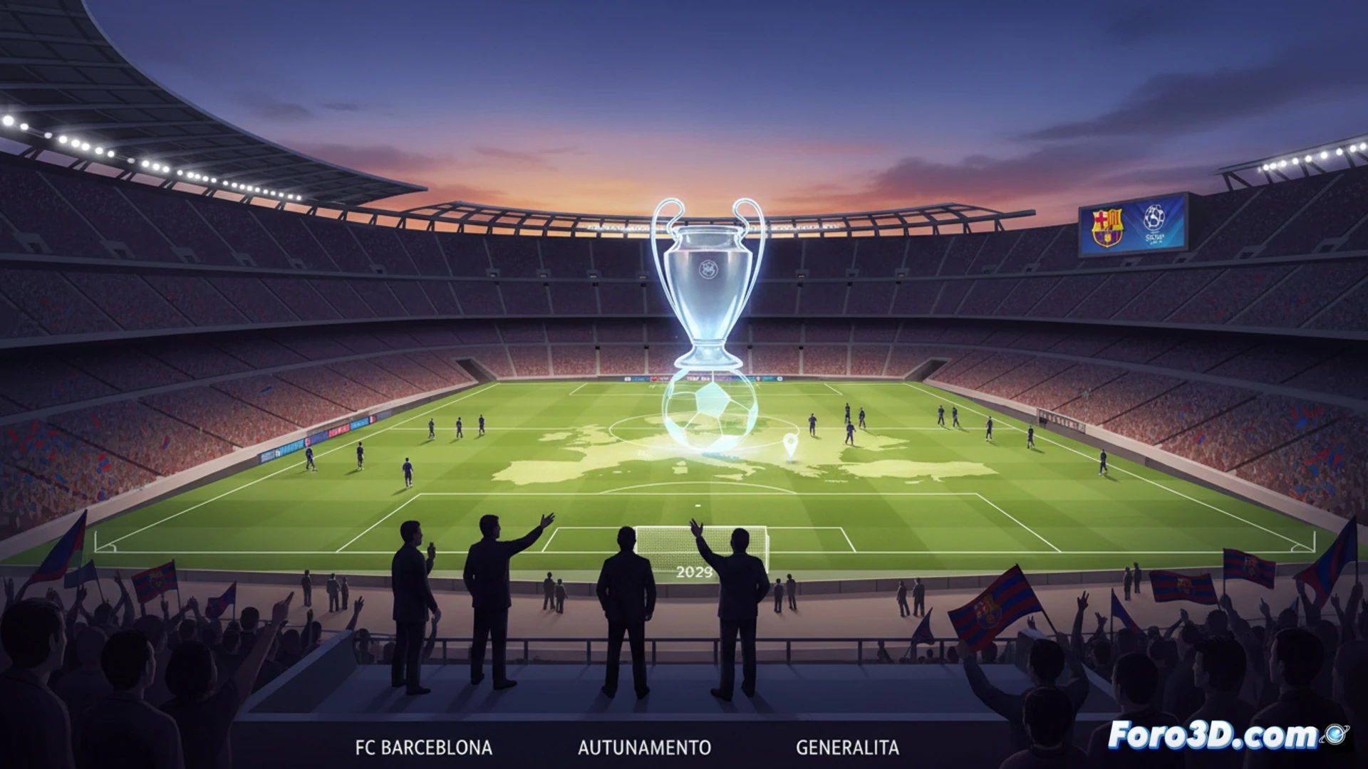 renovated Camp Nou stadium interior during Champions League final hosting ceremony, UEFA officials examining a holographic stadium model floating above a glass table, FC Barcelona representatives pointing at architectural blueprints and structural diagrams on large touchscreen displays, Barcelona skyline visible through panoramic windows, motion blur from passing trams outside, glowing digital interfaces showing capacity and security systems, cinematic photorealistic technical illustration, dramatic spotlighting on the miniature stadium hologram, polished concrete floors reflecting blue LED strips, ultra-detailed modern architecture, engineering visualization style