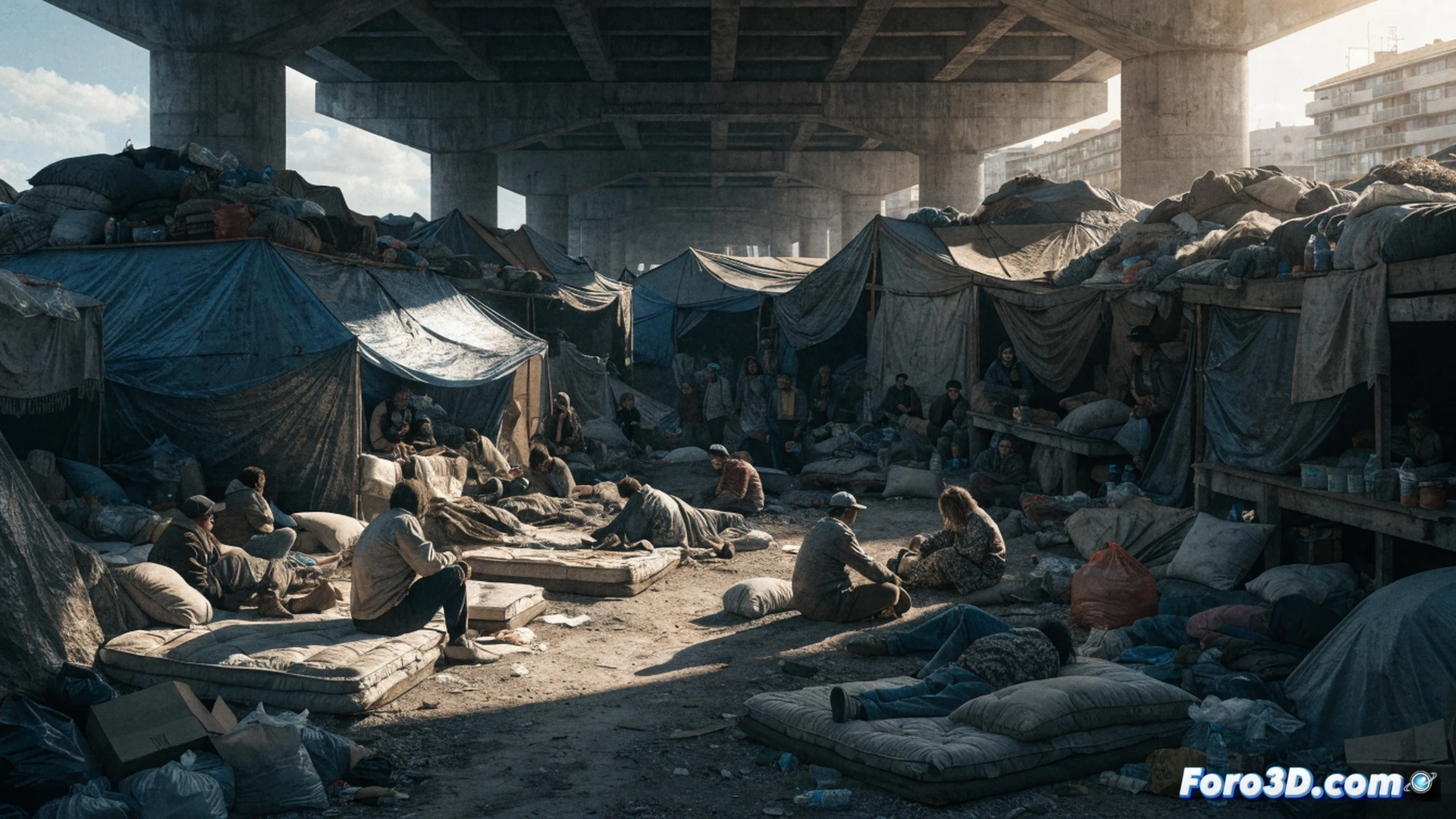 improvised homeless encampment under concrete highway bridge, thirty worn mattresses and scattered garbage bags filling the space, visible hygiene deterioration with puddles and stained ground, city council inspection van parked nearby, two inspectors in high-vis vests documenting conditions with tablets, neighbour pointing from sidewalk with frustrated gesture, cinematic documentary style, overcast grey sky, graffiti-covered pillars, realistic urban decay textures, wet asphalt reflecting dim light, dramatic shadows from bridge structure, photorealistic environmental scene