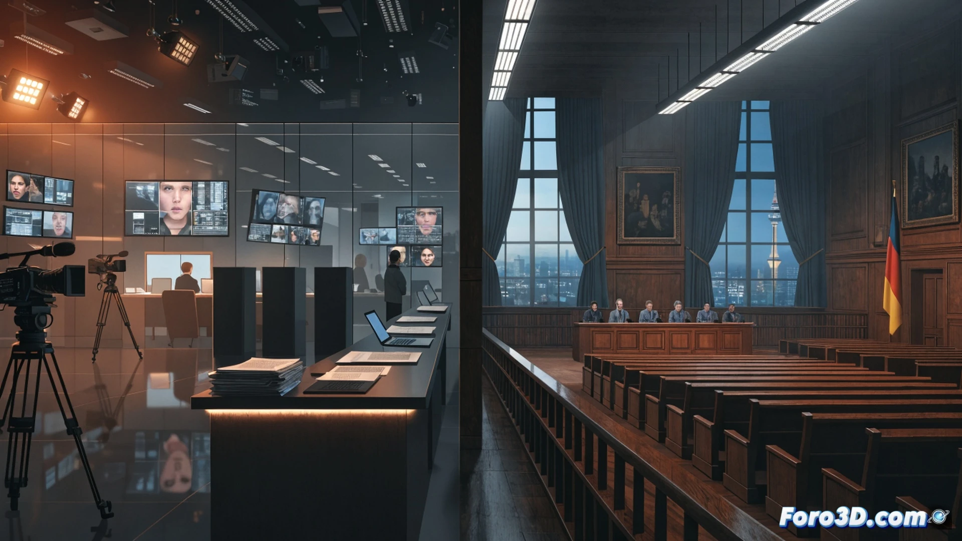 German Constitutional Court chamber with judges in red robes examining a large digital screen showing a split display of ARD and ZDF broadcast fee data, one judge pointing at a stalled 58-cent increase graph for 2025 while another judge holds a tablet displaying delayed fee timeline to 2027, courtroom desk with legal documents and media law books, dramatic shaft of light from high window illuminating the debate, cinematic photorealistic style, deep shadows, polished wood surfaces, tension visible in judges' postures, ultra-detailed judicial setting, technical legal visualization