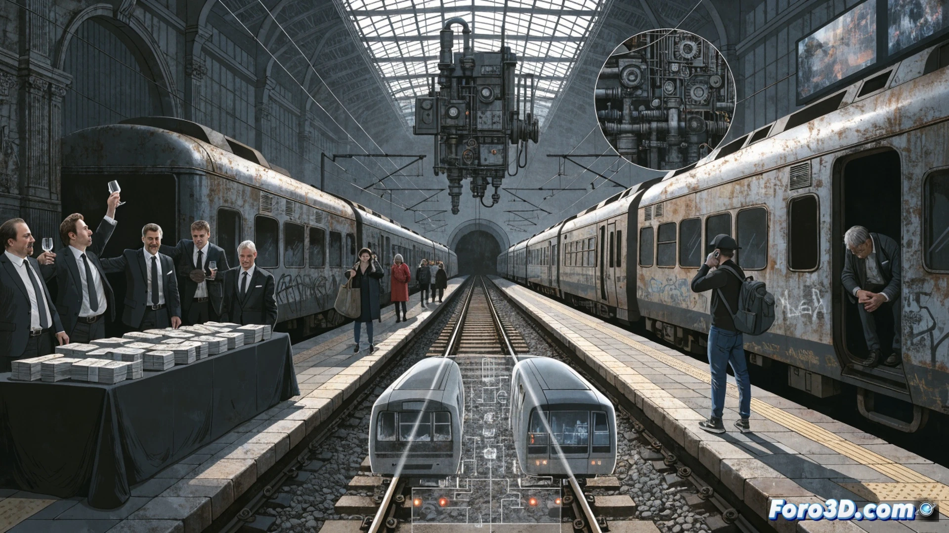 Cinematic shot of a modern train station platform, a Deutsche Bahn train arriving late with a cracked digital departure board flickering, maintenance workers in orange vests inspecting rusty brake components and worn wheel assemblies, a torn shareholder dividend report stuck under a loose rail spike, photorealistic industrial lighting, cold blue and grey metallic tones, blurred silhouette of frustrated passengers checking smartphones, technical engineering visualization showing decayed mechanical parts and delayed signal relays, dramatic contrast between corporate profit charts on a wall and broken track infrastructure