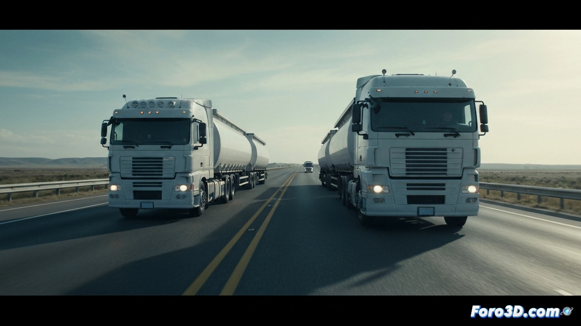 Highway scene at dusk, multiple semi-trucks in a platoon formation breaking apart chaotically, one truck braking hard with glowing red taillights while another accelerates erratically, wireless communication antennas on cabs flashing red error signals, dashboard screens inside cabs displaying fragmented data streams and warning icons, rearview mirrors showing disorganized gap distances, cinematic engineering visualization, photorealistic asphalt texture, motion blur on wheels, dramatic tension lighting, ultra-detailed mechanical components, realistic road environment