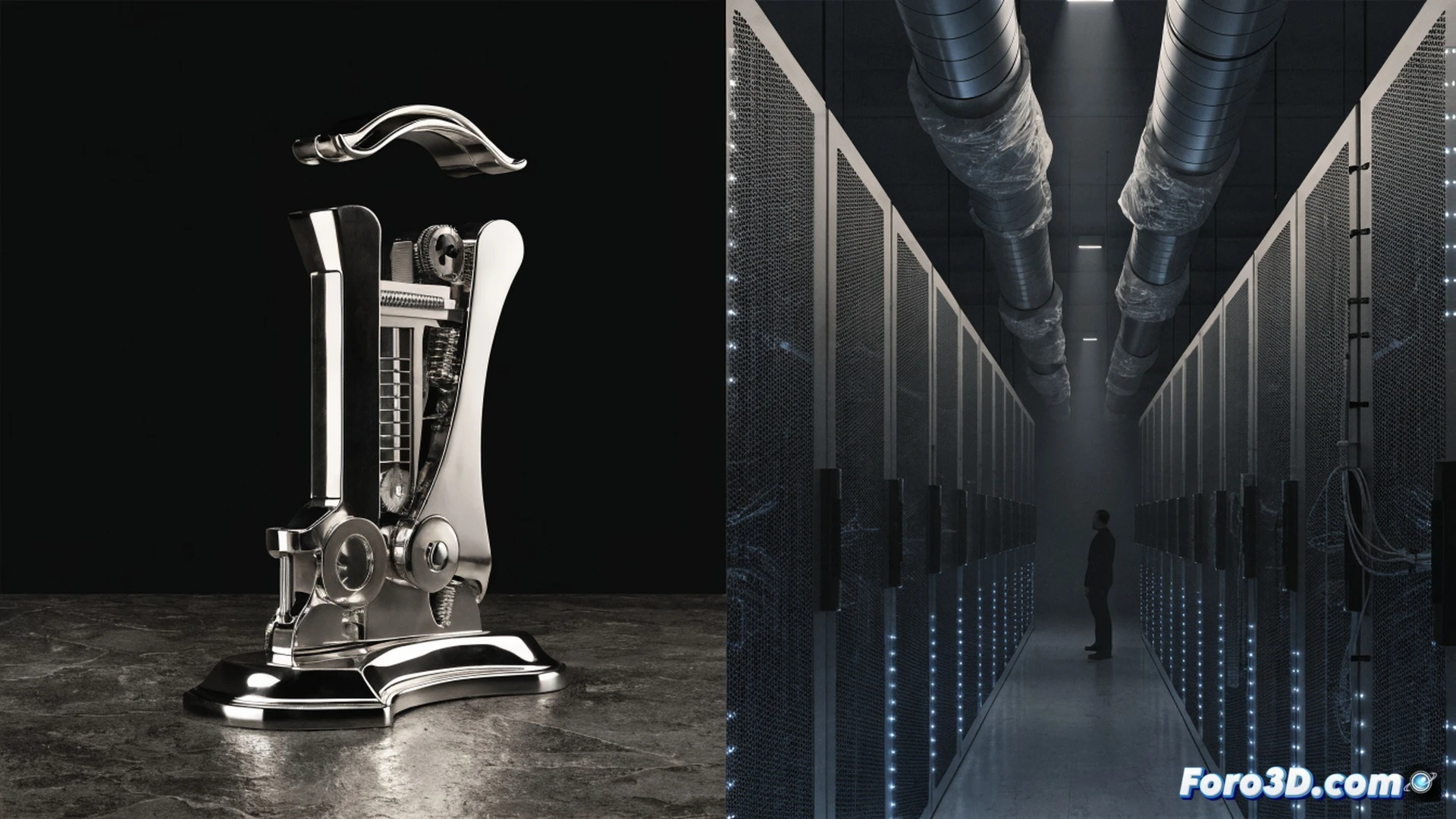 A vintage El Casco M5 stapler being crushed by a massive digital tablet, metallic gears and springs scattering across a workshop floor, while a robotic arm with a smartphone display stamps a barcode over the broken device, engineering visualization, photorealistic industrial scene, dramatic shadow from overhead LED lights, dust particles suspended in air, cracked chrome surface reflecting pixelated code patterns, ultra-detailed mechanical failure, cinematic lighting, motion blur on falling components