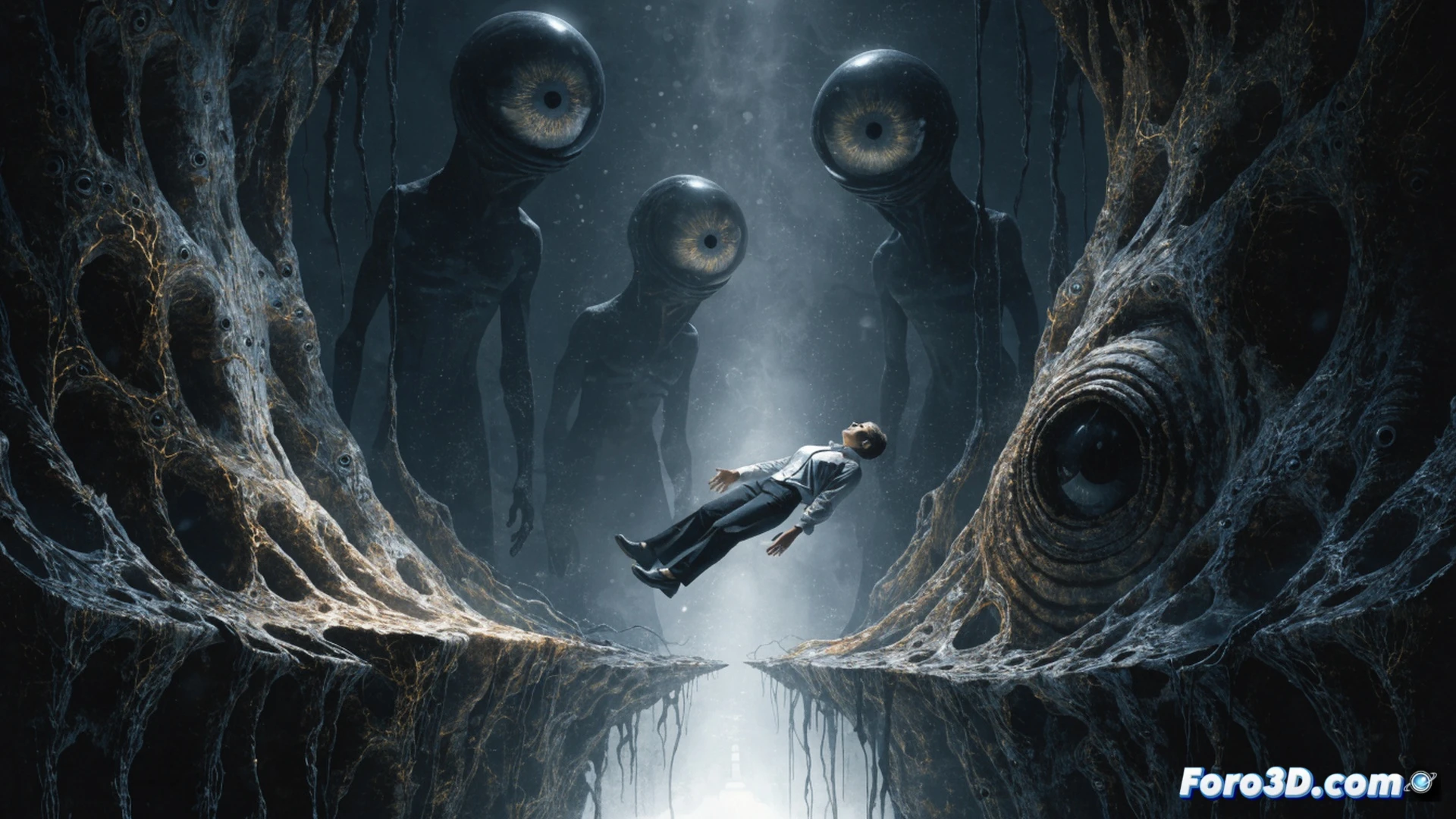 Photorealistic cinematic scene of a woman lying on a reclining chair under dim blue light, eyes closed, with a vintage reel-to-reel tape recorder and microphone beside her, a hypnotist holding a silver pendulum while pointing at a large glowing anatomical brain hologram floating above, small grey beings with large black eyes partially visible in shadow behind a glass partition, oscilloscope waveforms on a monitor showing brain activity spikes, retro 1970s medical equipment and wires connecting to electrodes on her temples, dramatic chiaroscuro lighting, deep shadows, mysterious atmosphere, ultra-detailed textures, technical illustration style
