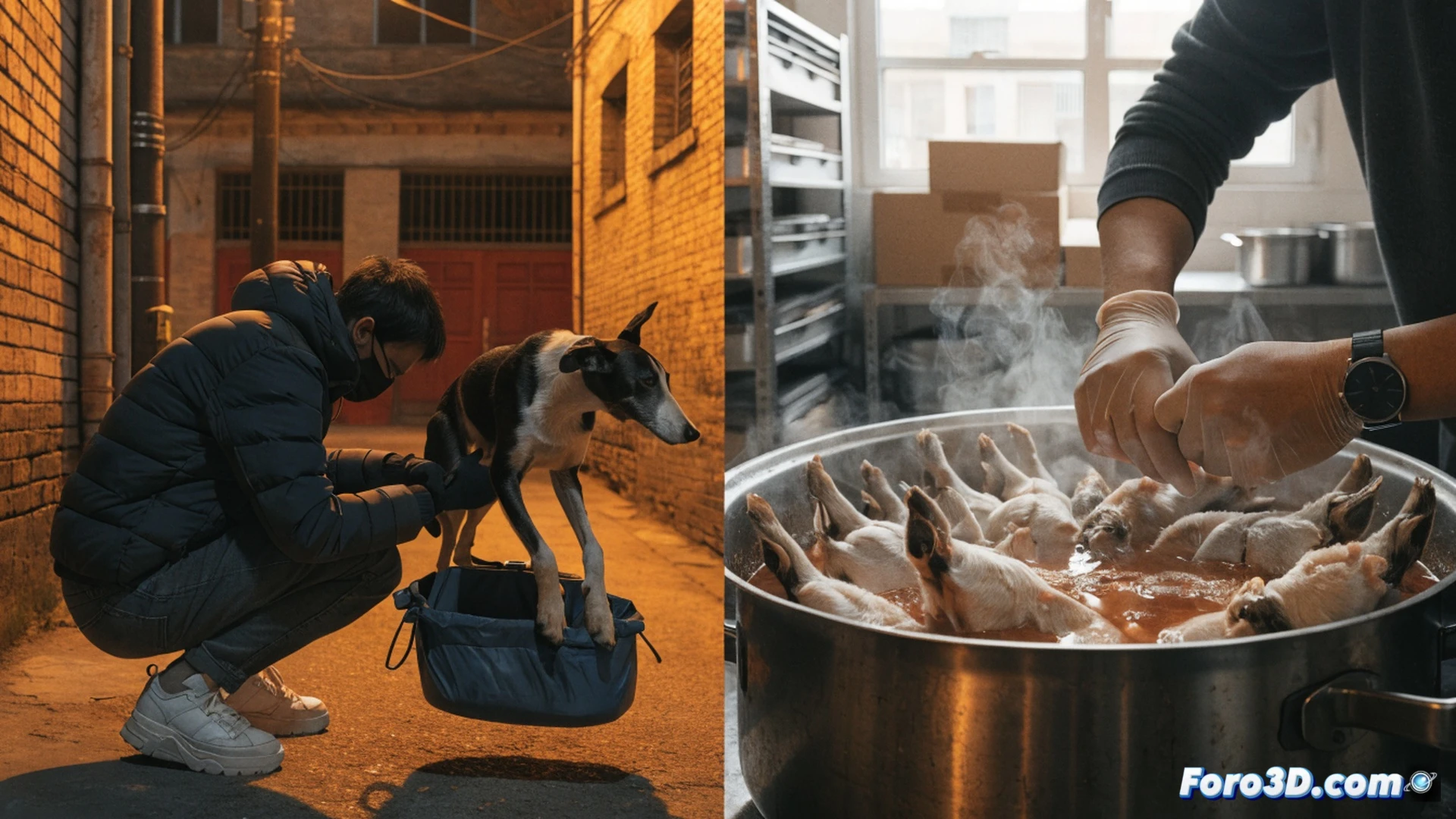 Photorealistic cinematic scene of a Chinese street market at night, a stolen pet dog being dragged toward a cage by a shadowy figure, while a digital map on a smartphone shows GPS tracking of missing pets, meat hooks hanging in the background, a broken leash on the ground, police badge and legal document partially visible on a nearby table, dramatic neon lighting with red and blue reflections, high contrast shadows, ultra-detailed textures of fur, metal, and concrete, technical visualization of the illegal trade chain, 8K quality, cinematic lens flare, gritty urban atmosphere