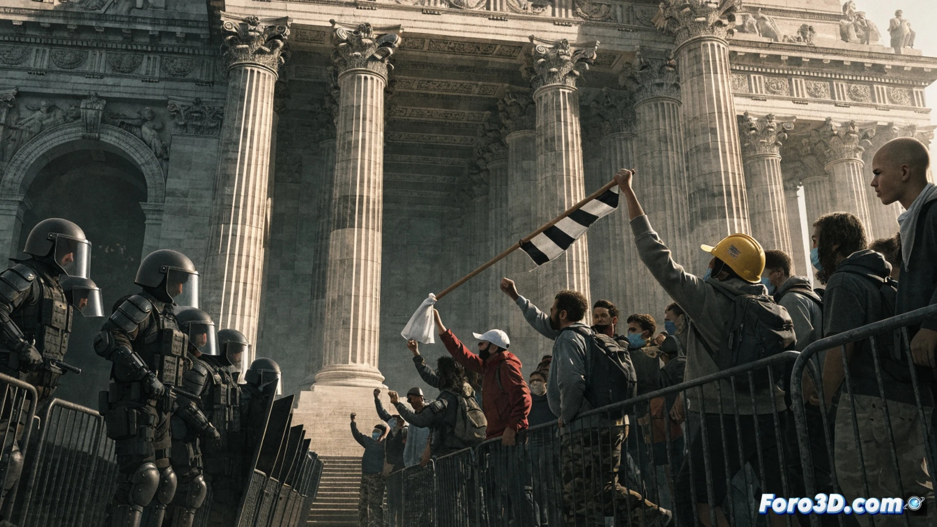 photorealistic cinematic scene of a historic monument plaza transformed into a political battleground, protestors and counter-protestors clashing while citizens stand isolated at the edges, a massive central statue being used as a stage for partisan banners, metal barriers and broken benches scattered across the cobblestone floor, security cameras mounted on lamp posts capturing the chaos, dramatic low-angle shot emphasizing the division between the crowd and the empty public benches, harsh contrasting light from spotlights and natural dusk, ultra-detailed textures of stone and metal, wide-angle perspective showing the monument losing its collective essence, photorealistic technical visualization