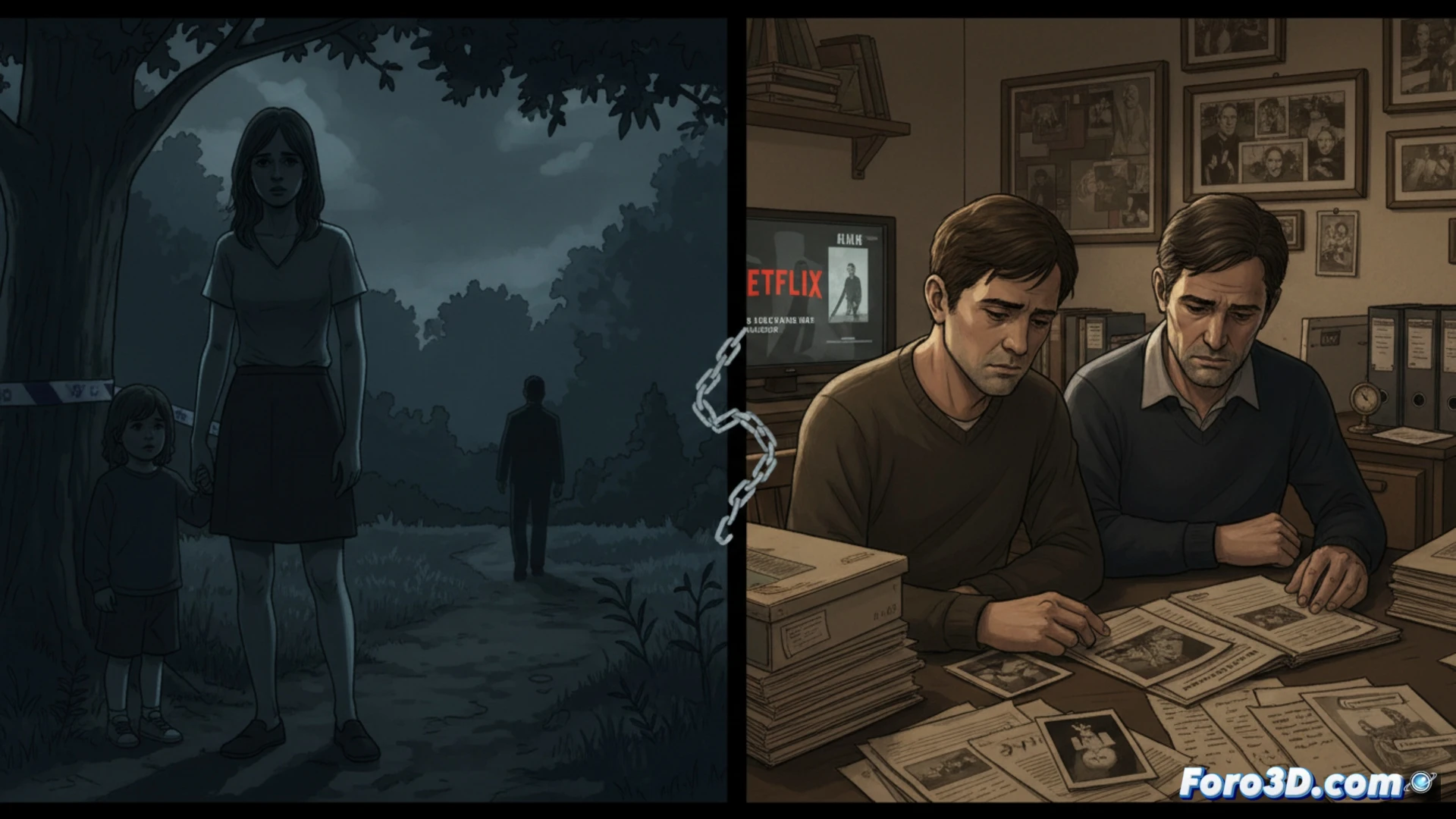 forensic evidence board with scattered crime scene photographs and red string connections, detective’s hand pointing at a blurred family portrait while a timeline of police errors is shown through overlapping transparent documents, cinematic true-crime documentary style, dim interrogation room lighting, shadows cast on a wall showing a child’s silhouette, photorealistic technical illustration, high contrast, gritty texture, investigative atmosphere