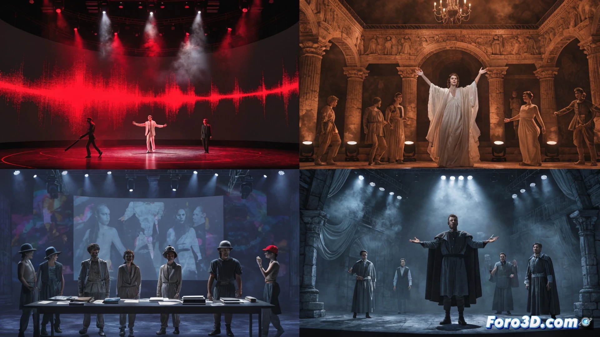 Centro Dramático Galego rehearsal space, thirty-five actors in movement during a staging of Eurídice and Hamlet, theatre technicians adjusting LED spotlights and sound mixing consoles in foreground, scripts and blocking notes on tables, actors in costume performing a dramatic scene under warm amber stage lighting, cinematic documentary style, photorealistic theatre production visualization, clapperboard visible on tripod, backstage cables and rigging equipment, intense emotional expressions, layered stage set with minimalist props, dramatic chiaroscuro lighting, ultra-detailed fabric textures, professional theatrical atmosphere