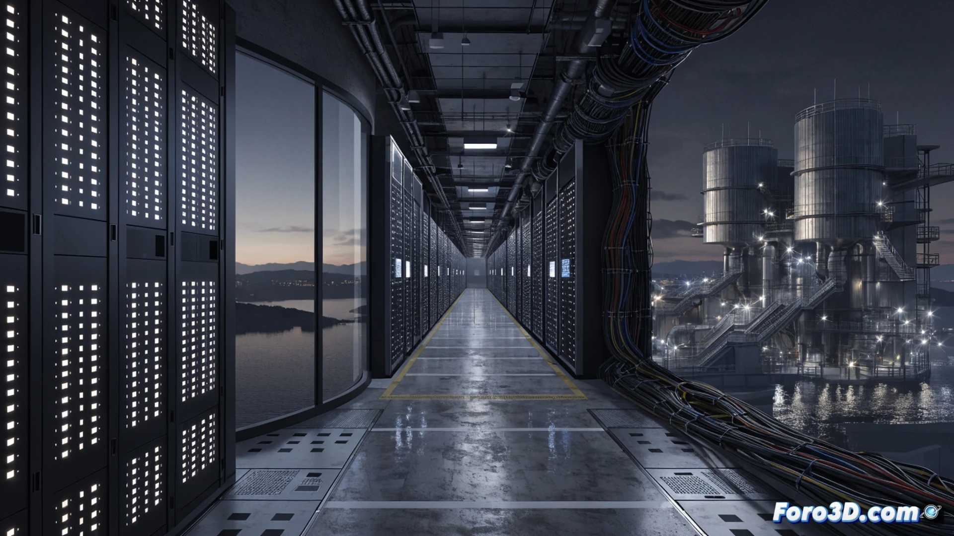 Massive data center interior with rows of inactive GPU servers, fiber optic cables dangling disconnected, a glowing holographic map showing geographic distance between Colossus 1 and external network hubs, engineers in white coats pointing at latency graphs on screens, empty server racks in foreground, dust particles in cold blue light, photorealistic technical illustration, cinematic industrial lighting, high detail metal surfaces and cable management, dramatic shadows emphasizing unused capacity