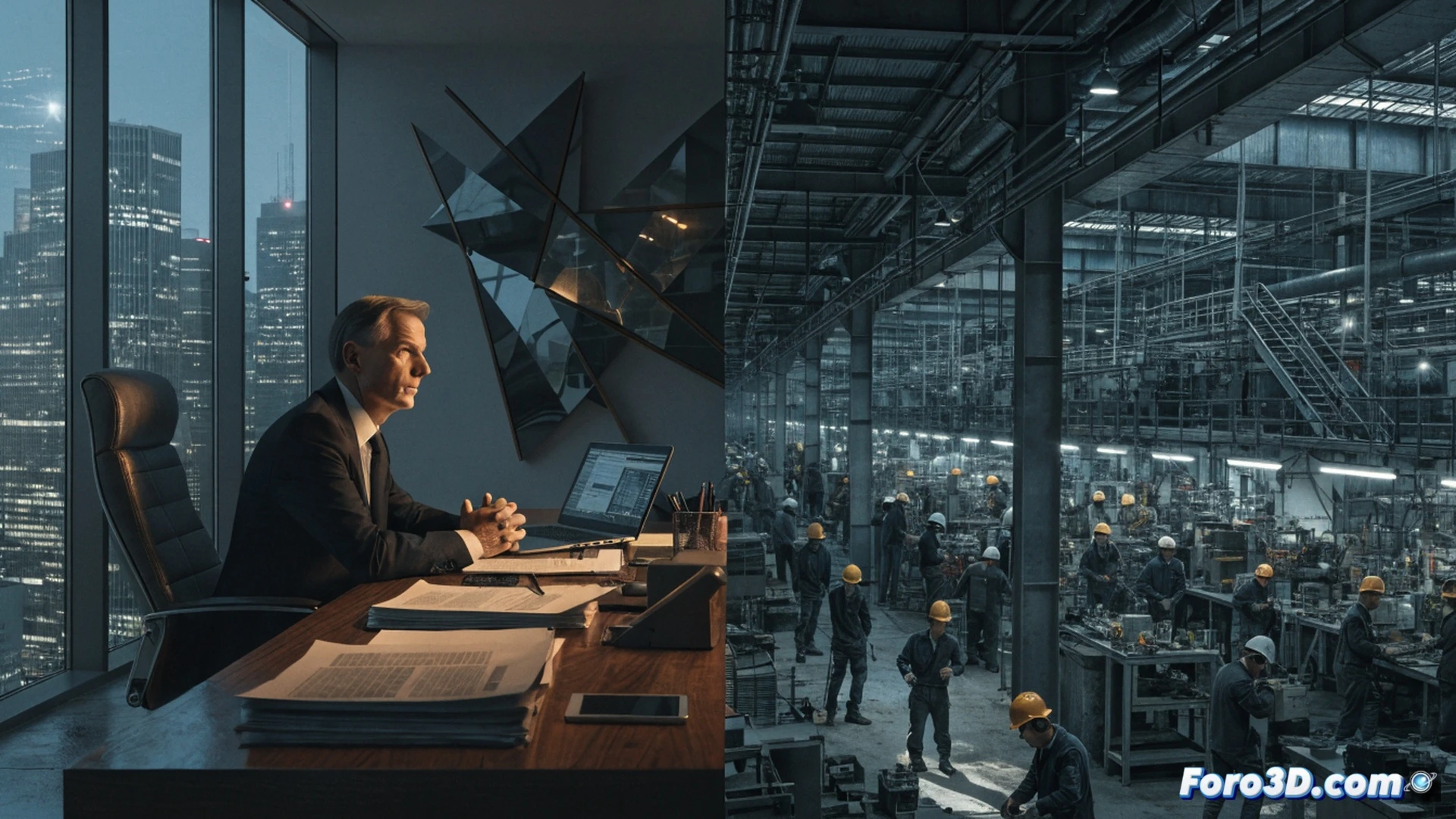 corporate office scene, CEO Oliver Blume in a glass-walled boardroom, stacking gold coins labeled with Volkswagen logo while a digital screen shows factory blueprints and red strike marks over plant layouts, workers in gray uniforms outside the window being handed pink slips by robotic arms, a broken assembly line with idle robotic arms and disconnected conveyor belts, falling stock graph on a monitor, luxury car model on the desk, cinematic photorealistic engineering visualization, cold blue-gray lighting, metallic reflections, dramatic shadows, ultra-detailed industrial interior, sharp focus on the coin pile and the CEO’s calm expression, motion blur of falling papers, high contrast chiaroscuro, technical illustration style