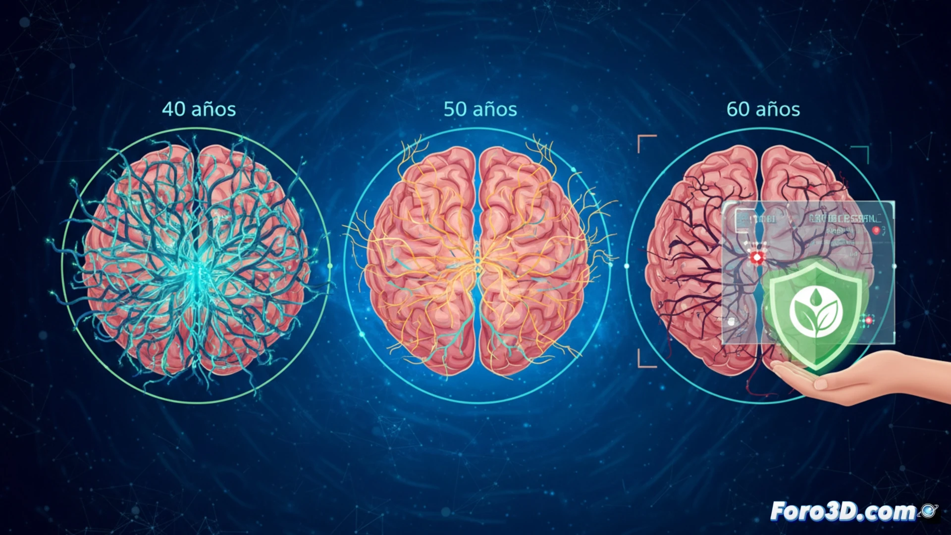 midbrain sagittal cross-section glowing neural pathways shifting from stable blue to fragmented orange between ages 40-65, blood sample vials on a lab counter with Alzheimer biomarker labels, PET scan monitor showing brain activity heatmaps, neurologist pointing at connectivity changes on a holographic display, photorealistic medical illustration, cinematic lighting, detailed cortical surface textures, anatomical accuracy, high-contrast clinical environment, dramatic focus on neural transition process