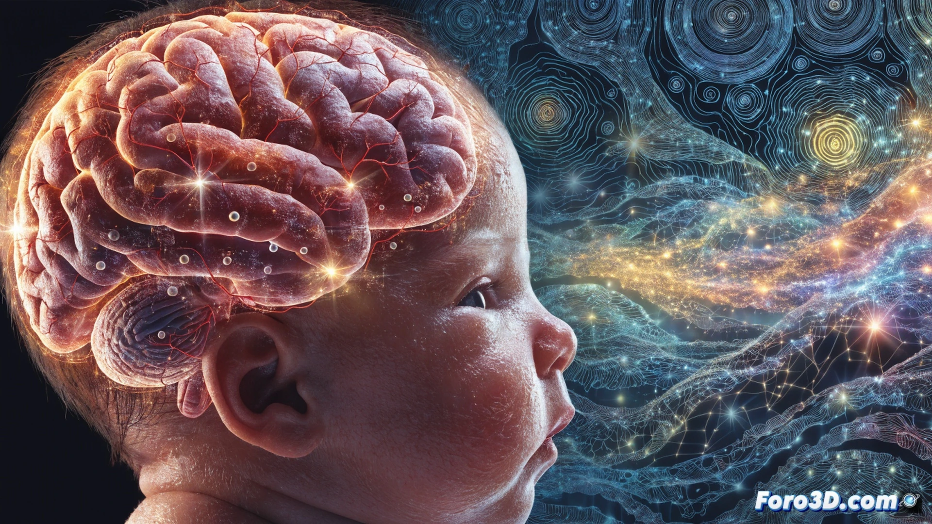 neonatal brain cross-section glowing with active neural pathways, fMRI scan overlay showing synchronized firing patterns, newborn baby lying in incubator with eyes open while brain activity spikes in response to a soft toy moving above, medical monitoring screens displaying real-time EEG waveforms, photorealistic clinical visualization, soft blue ambient light, intricate neuron connections illuminated in warm orange, sterile hospital environment, ultra-detailed anatomical render, cinematic depth of field