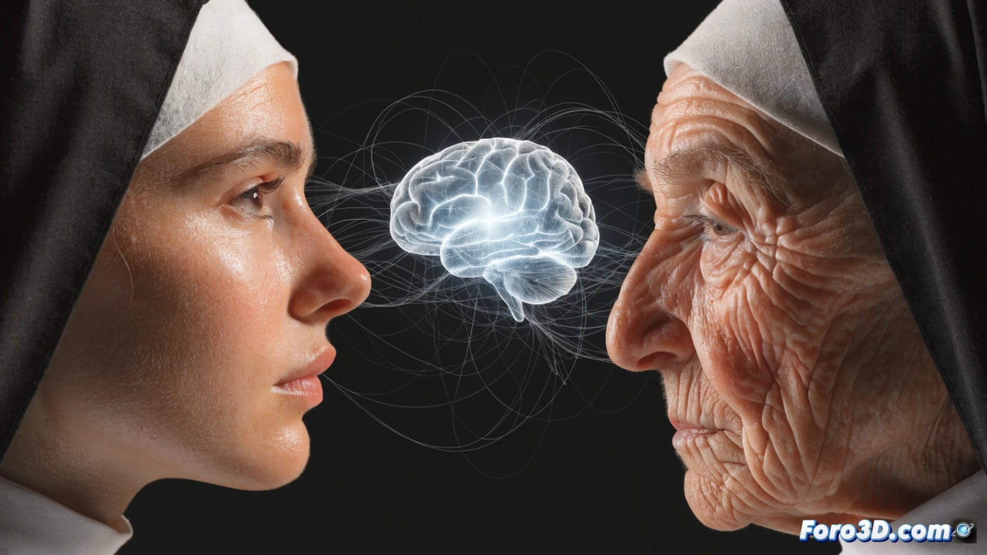 photorealistic medical illustration, cross-section of a young brain with glowing neural pathways forming complex abstract patterns, elderly nun’s hand writing intricate sentences in a journal, brain tissue showing dense synaptic connections during adolescence, aging brain with faded neural networks, nun’s habit collar visible, educational books and microscope on desk, dramatic side lighting emphasizing neural activity versus atrophy, cinematic scientific visualization, hyper-detailed cellular structures, blue and amber color contrast between young and old brain regions