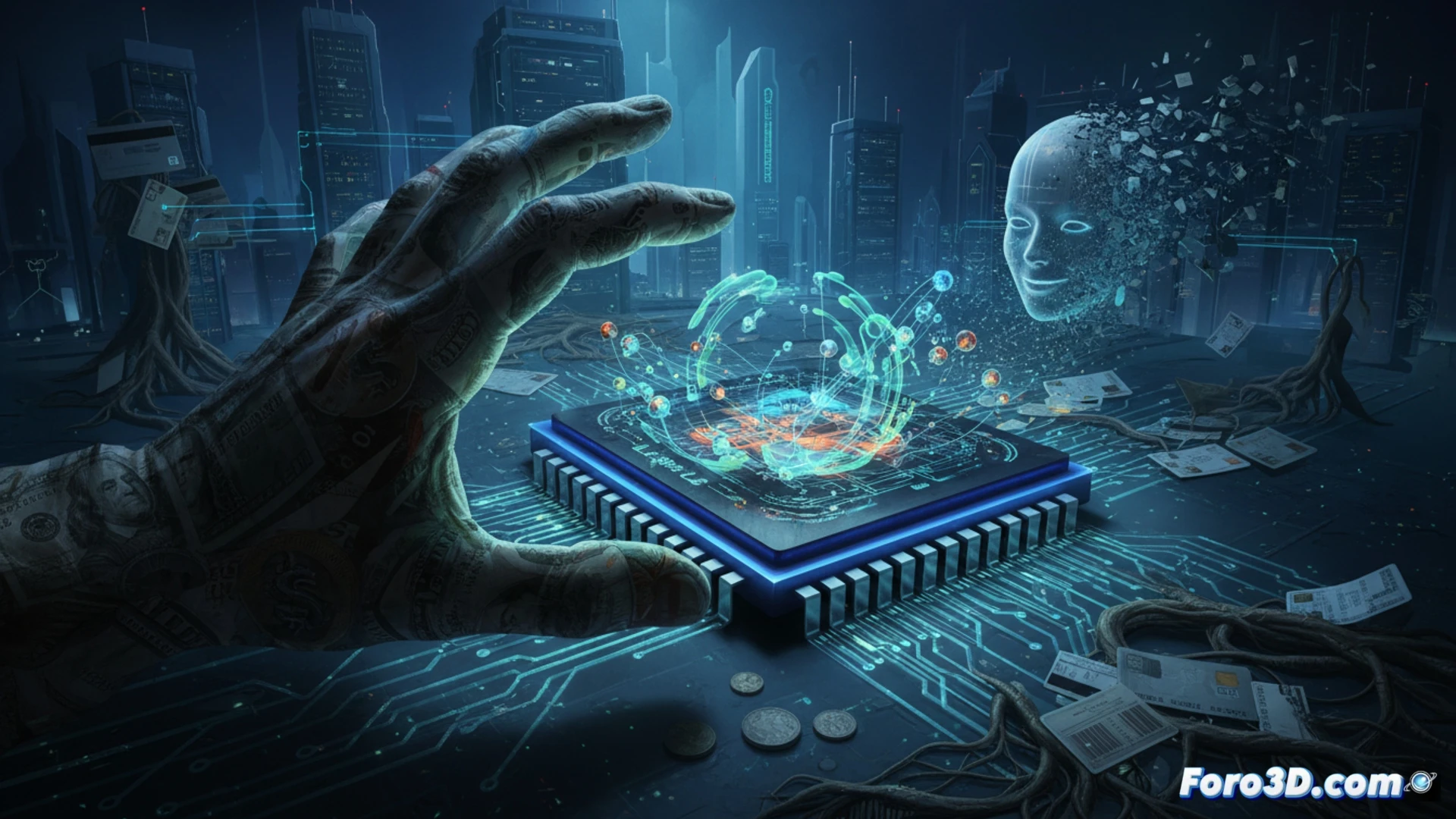 photorealistic macro shot of a silicon chip glowing with internal spin currents, electrons with visible spin arrows swirling in probabilistic paths, chip surface showing quantum interference patterns, one side of the chip cracked with a glowing price tag shaped like a lightning bolt, laboratory background with oscilloscopes and cryogenic equipment, dramatic blue and orange lighting, cinematic engineering visualization, ultra-detailed wafer texture, metallic heat sink edges, motion blur on spinning electrons, technical illustration style