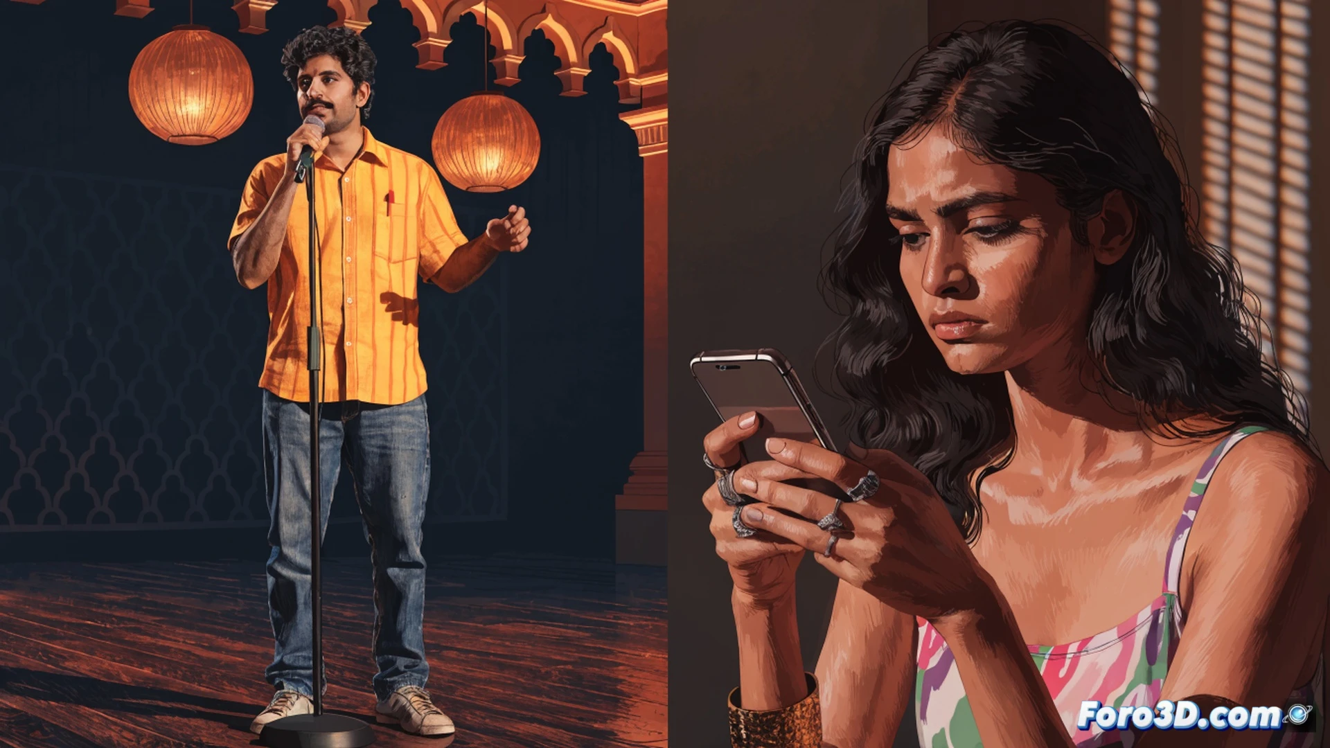 Comedian on stage holding microphone, audience laughing, digital rupee symbol hovering over a plate of food, shadowy hand reaching toward a woman silhouette while she steps back with crossed arms, broken chain link between payment and consent, cinematic photorealistic style, dramatic spotlight separating stage from dark background, subtle red warning glow around transaction gesture, ultra-detailed facial expressions showing discomfort masked as humor, realistic crowd blur in background