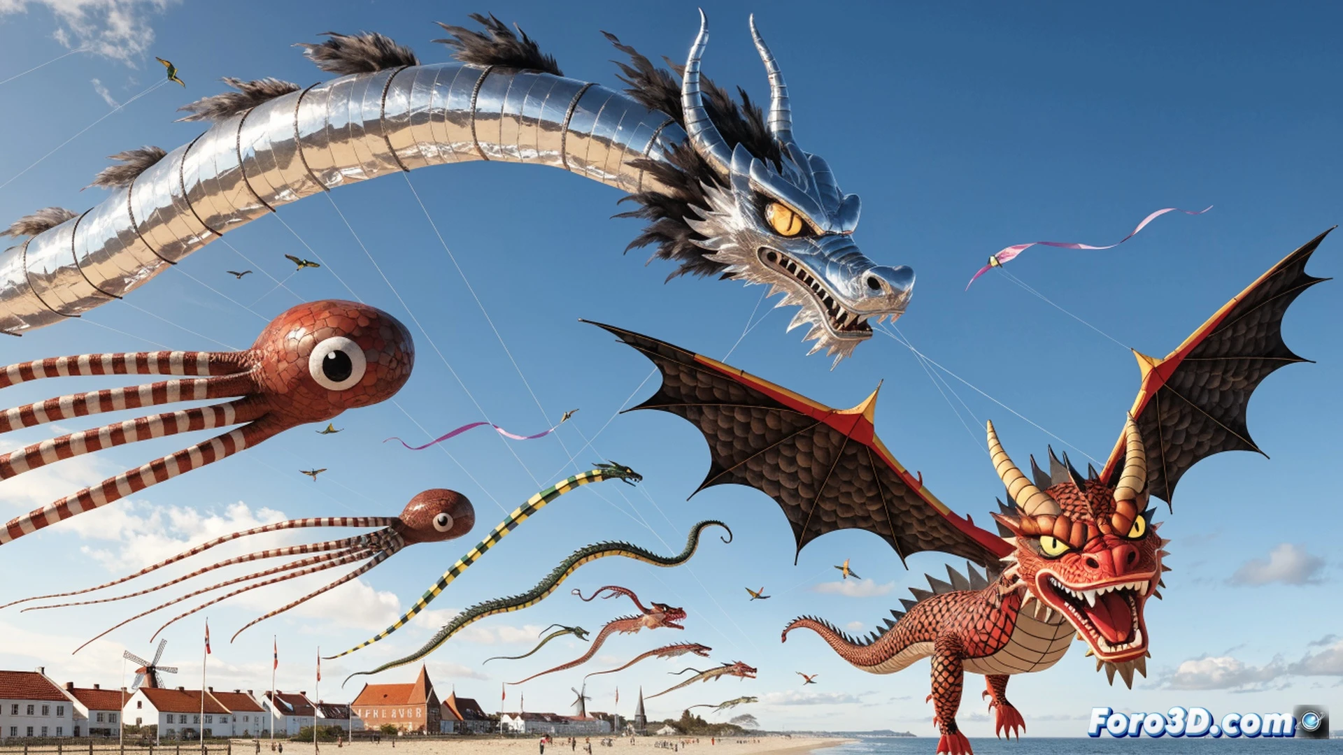 Fanø beach festival scene, thousands of colorful kites filling the sky, giant dragon-shaped fabric structure twisting in wind, massive octopus kite with long tentacles floating above, whale kite soaring alongside, crowd of spectators on sandy shore looking up, kite strings taut against blue sky, coastal wind visibly pulling the tethered lines, technical cinematic visualization, photorealistic outdoor lighting, wide-angle perspective showing scale, detailed fabric textures and seam lines on kites, dynamic motion blur on moving kite tails, bright daylight with soft cloud shadows, ultra-detailed aerial spectacle, engineering illustration of wind dynamics.