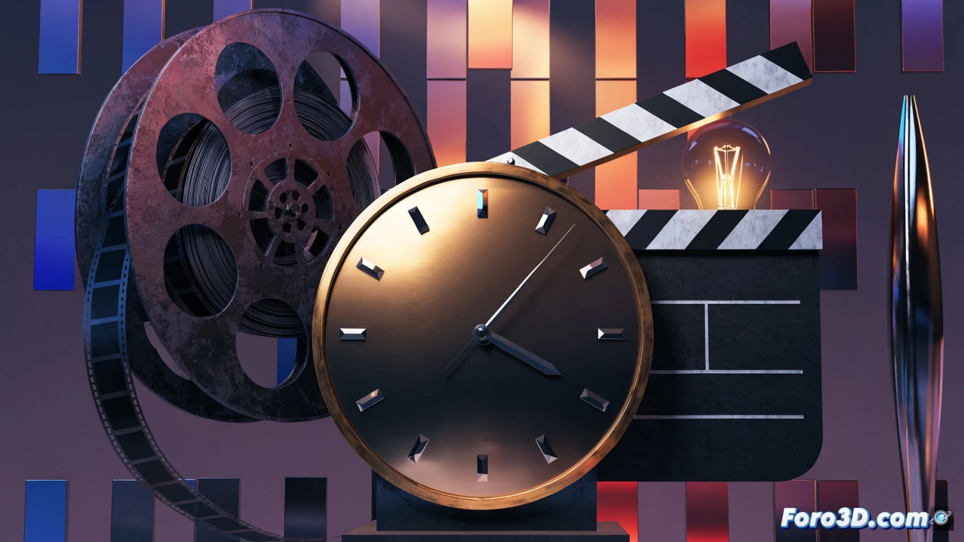 cinematic scene of a film editing timeline being stretched and paused, a giant clock hand holding back a strip of celluloid film while smaller hands adjust clapperboards and camera lenses, film reels and script pages floating mid-air in a dim studio, warm amber light from an editing desk illuminating the negotiation, photorealistic technical illustration, ultra-detailed metal film cans and vintage cinema equipment, dramatic shadows and dust particles in the beam of light, motion blur on the clock hand showing delay, peaceful but tense atmosphere